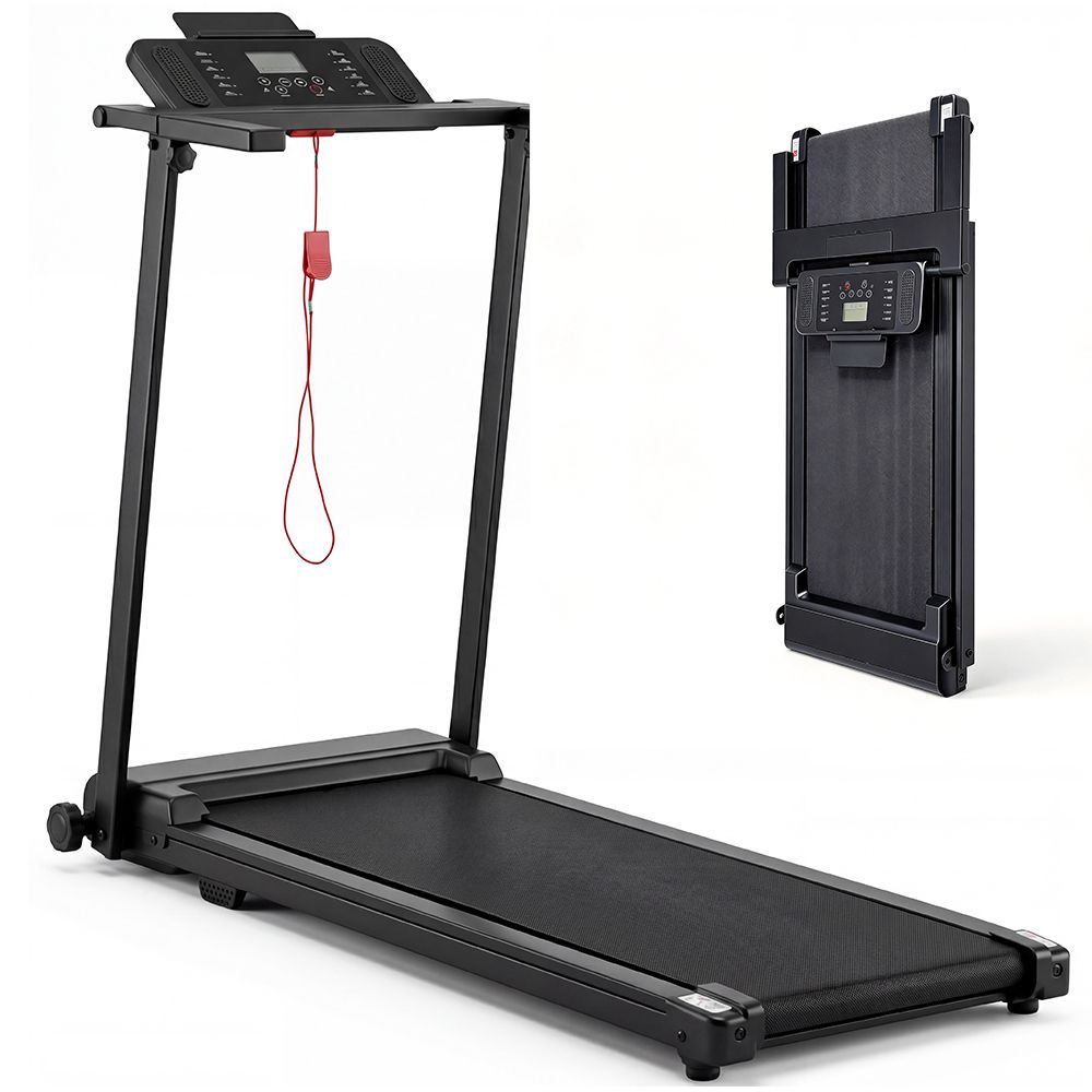Schwarzes, zusammenklappbares Laufband. Konsole mit Display. Roter Sicherheitsclip. Aufrecht und zusammengeklappt dargestellt.