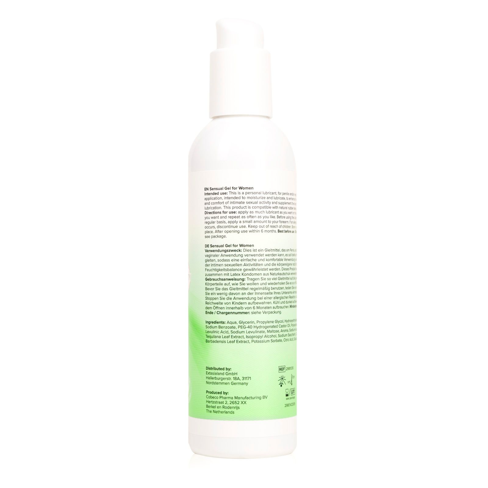 Rückseite einer Flasche INTIMATE Aloe Vera Gleitmittel, detaillierte Inhaltsstoffe.