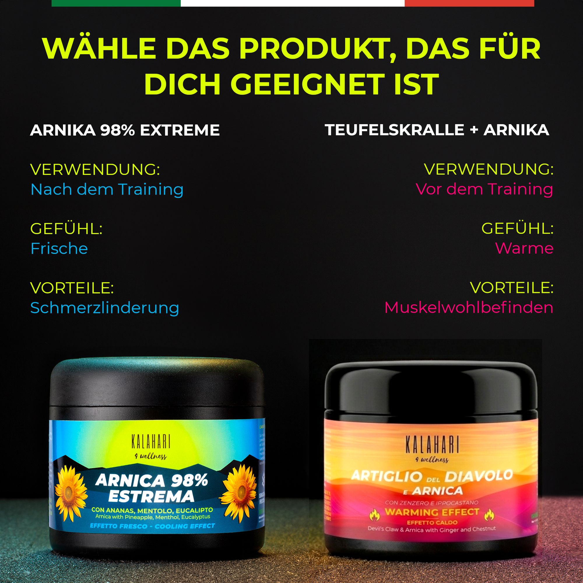 Mann erhält eine Rückenmassage. Ein Tiegel Teufelskralle + Arnika mit "Warming Effect"-Symbol.