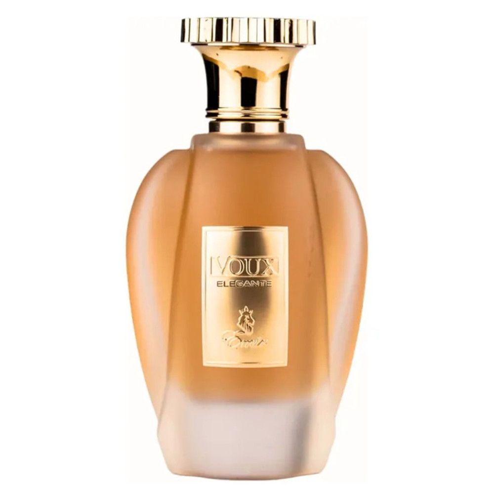 Parfümflakon mit goldfarbenem Verschluss und Etikett. Aufschrift: Voux Élégante. Flakon aus mattiertem Glas.