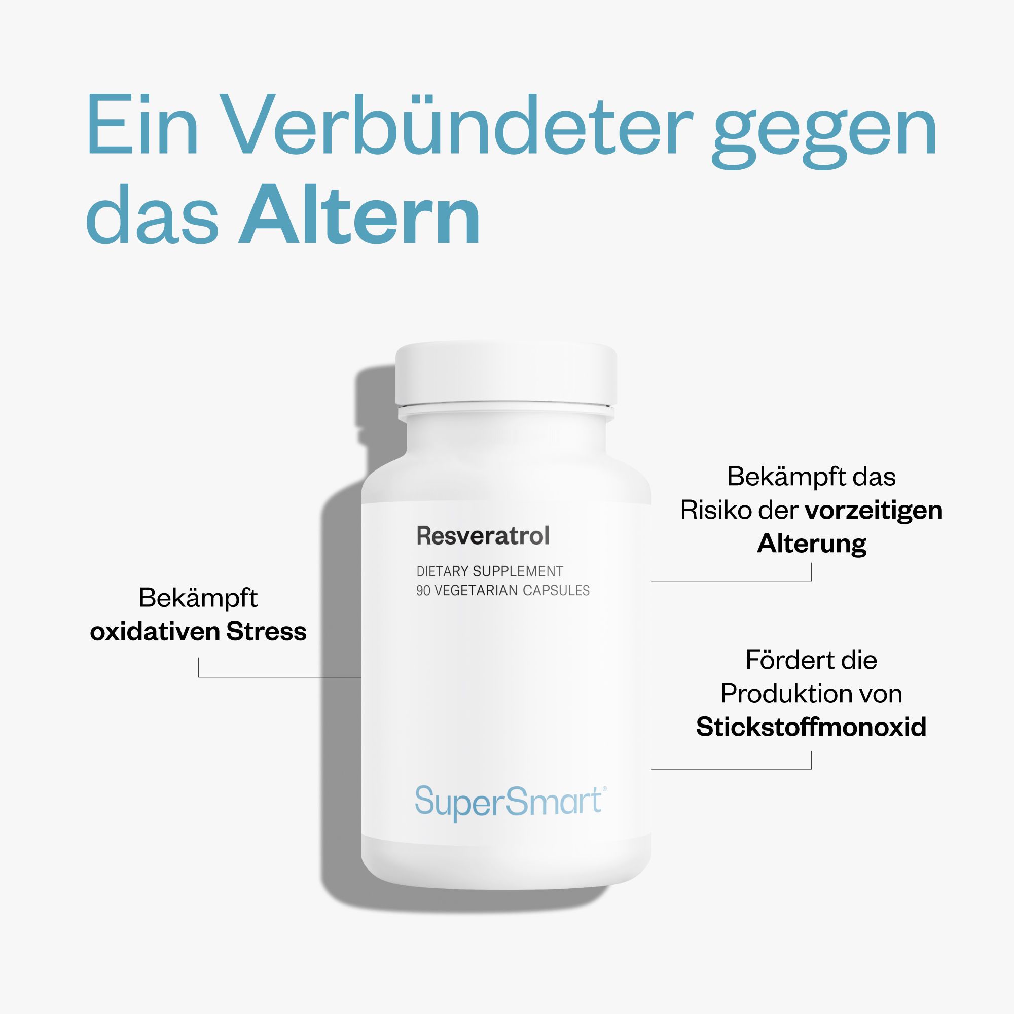 Weiße Flasche mit Resveratrol-Kapseln. Marke SuperSmart. Beschriftung: Dietary Supplement, 90 vegetarische Kapseln. Text: Bekämpft oxidativen Stress.