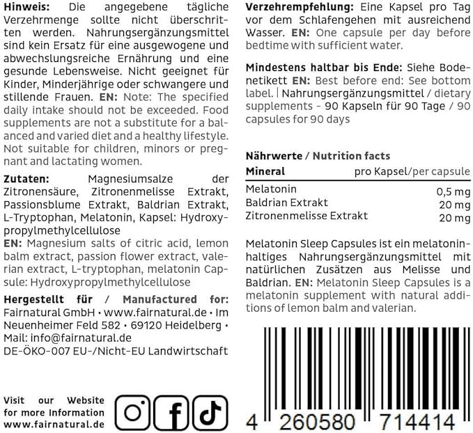 Text auf weißem Hintergrund. Informationen zu Inhaltsstoffen, Verzehrempfehlung, Nährwertangaben und Hersteller. Mit Barcode.