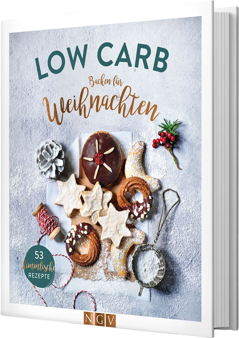 Buchcover mit dem Titel "Low Carb Backen für Weihnachten". Gezeigt werden Weihnachtsgebäck und das Logo NGV.