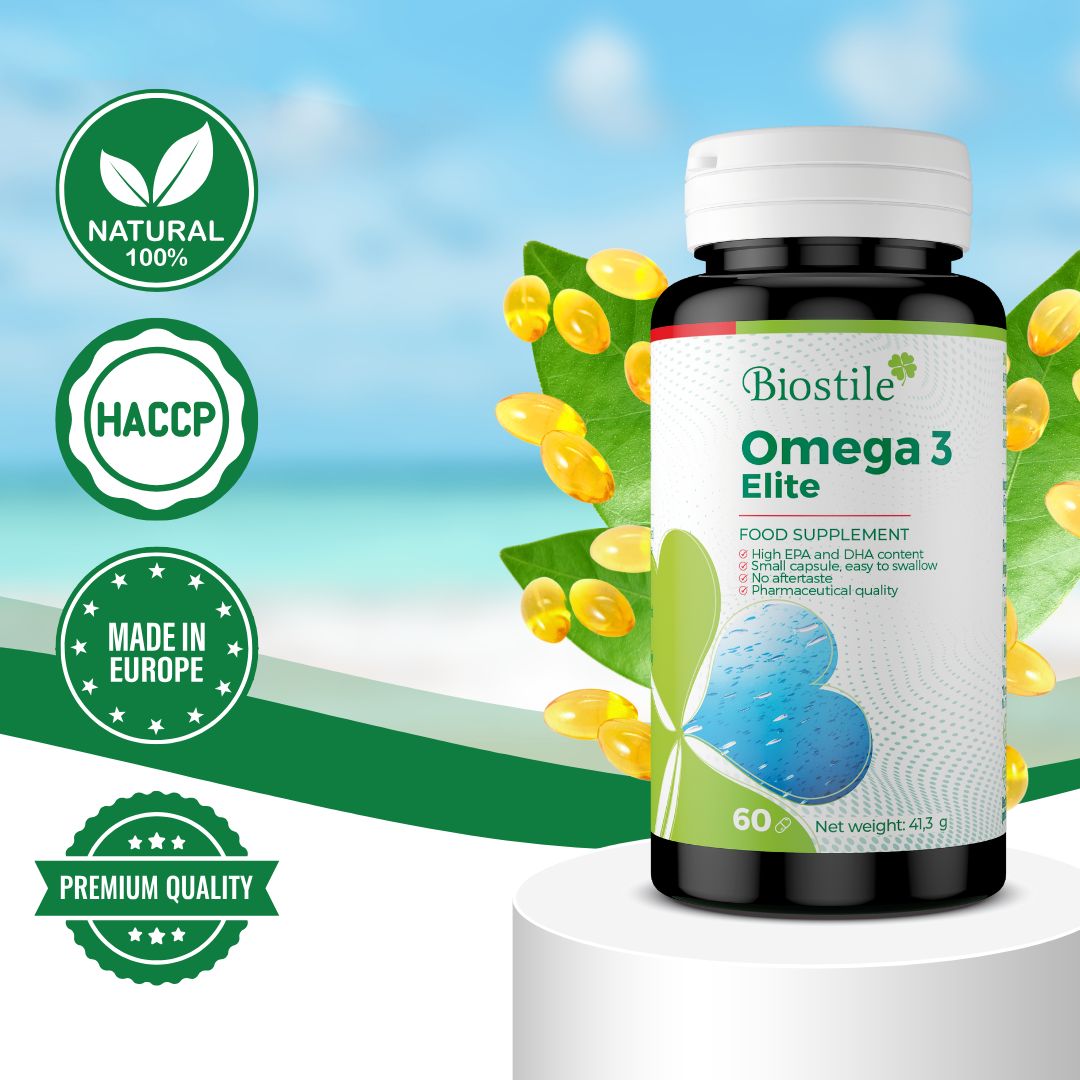 Biostile Omega 3 Elite. Flasche mit 60 Kapseln. Aufschrift: Nahrungsergänzungsmittel. Zertifizierungen: Natural, HACCP, Made in Europe.