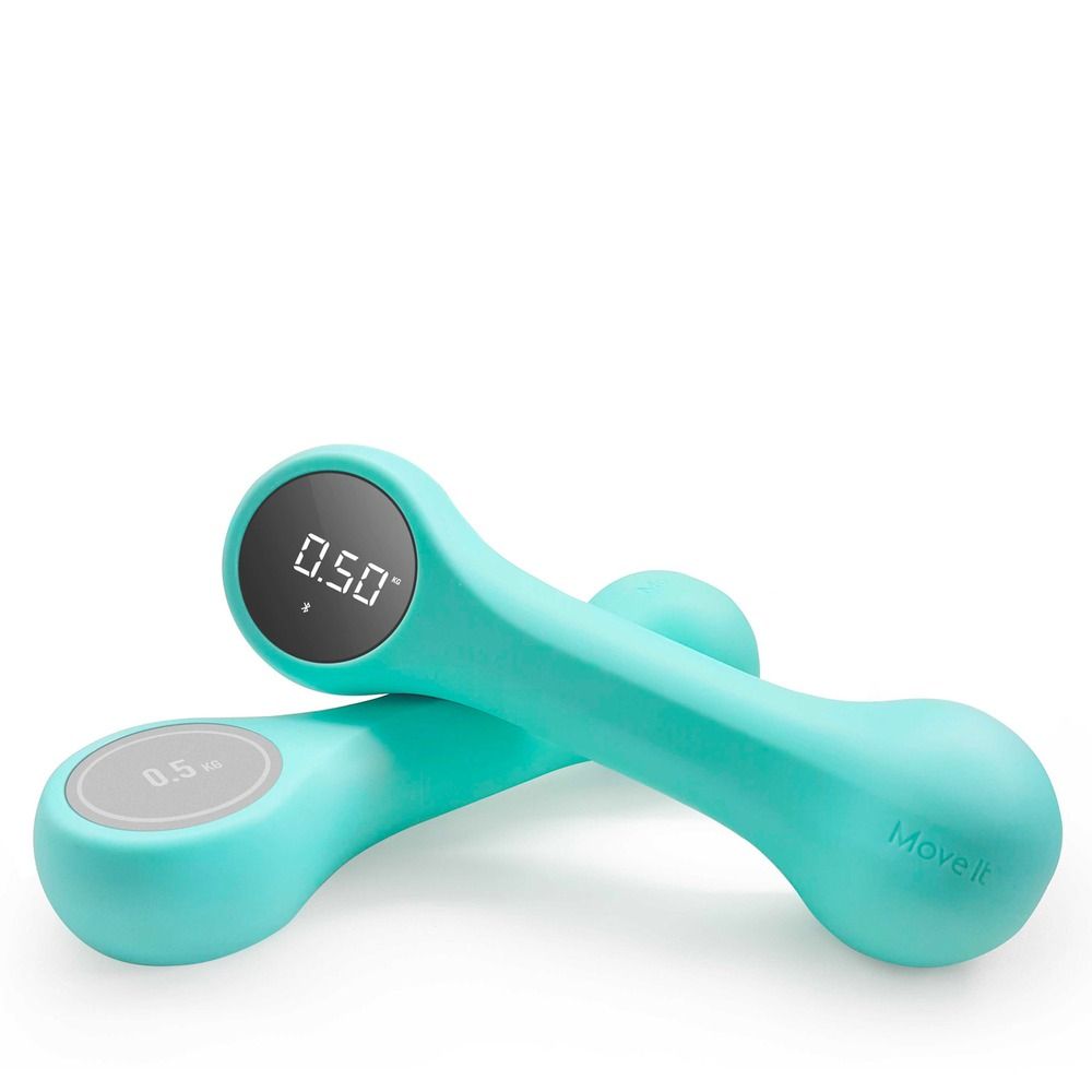 Türkises Hantel-Set mit digitaler Gewichtsanzeige (0.5 kg). Ergonomisches Design.