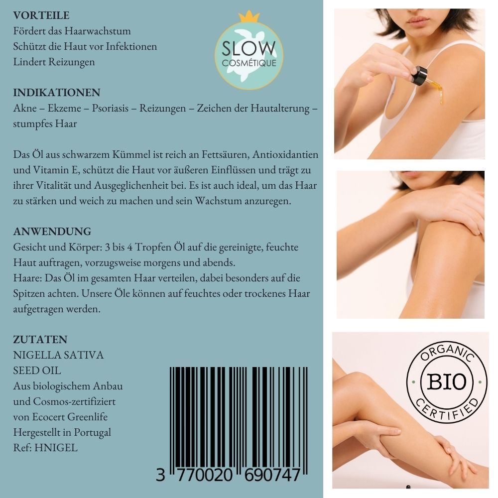 Rückseite der Produktverpackung. Text über Vorteile, Indikationen, Anwendung, Zutaten. Bio-Siegel.