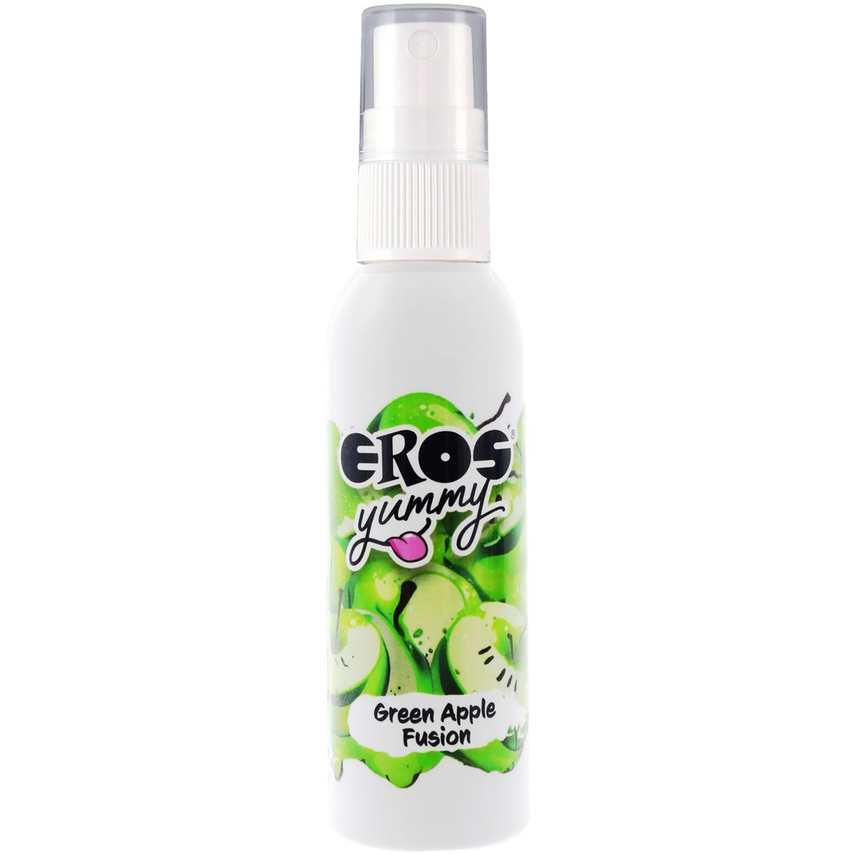 Weiße Flasche mit Zerstäuber. Etikett mit grünem Apfel-Design und Schriftzug "EROS yummy Green Apple Fusion".