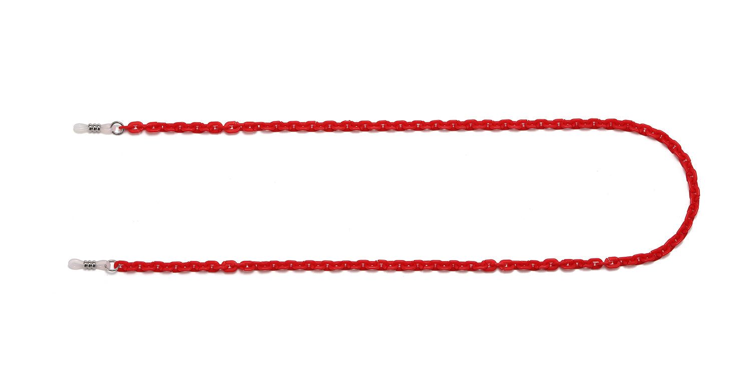 Rote Brillenkette. Geflochtenes Design. Metallenden zur Befestigung an Brillenbügeln. Auf weißem Hintergrund.