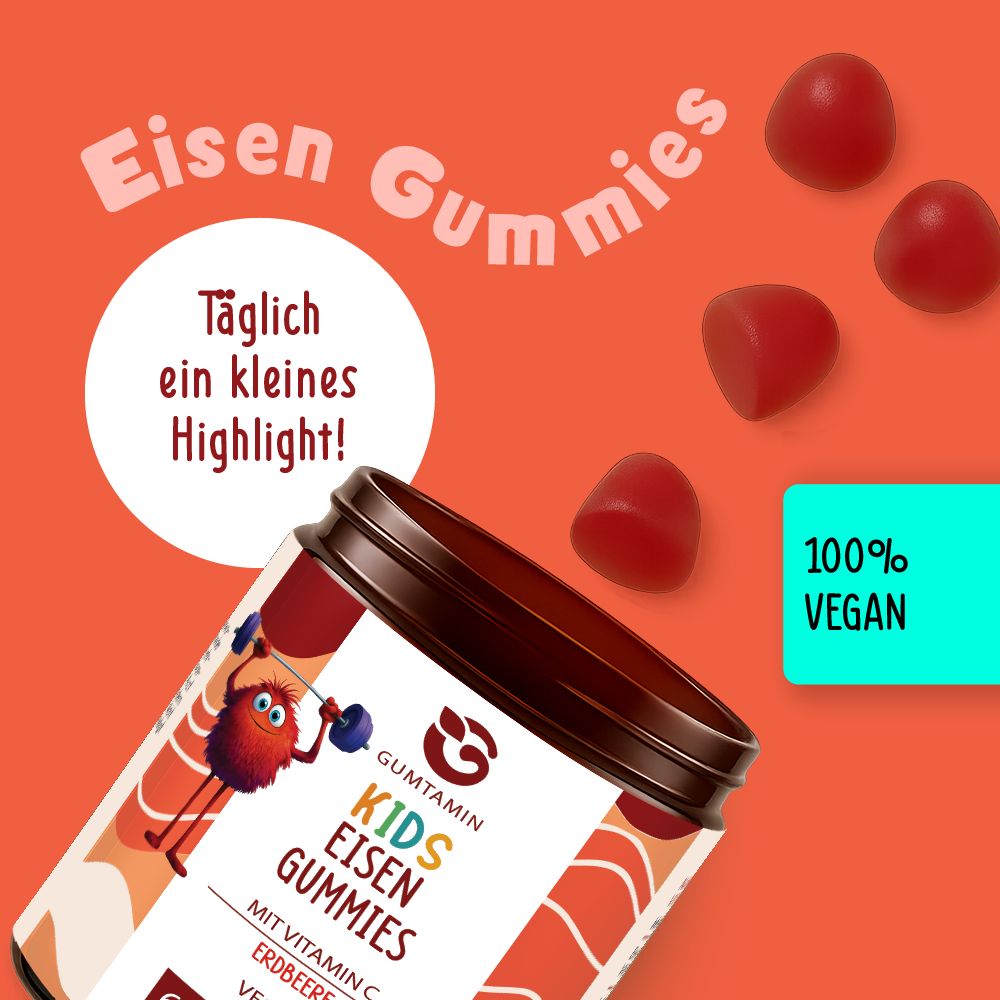 Geöffnete Dose Gummibärchen. Text: Eisen Gummies, täglich ein kleines Highlight! 100% vegan. Rote Gummibärchen daneben.