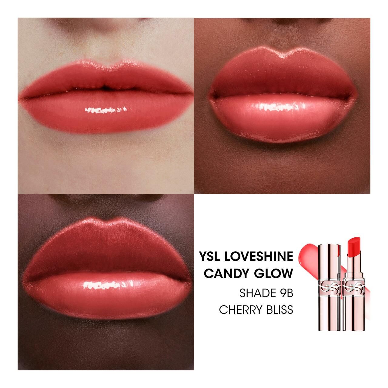 Vier Lippenbilder mit Lippenstift-Farben. YSL Loveshine Candy Glow, Farbton 9B Cherry Bliss. Lippenstift-Abbildung.