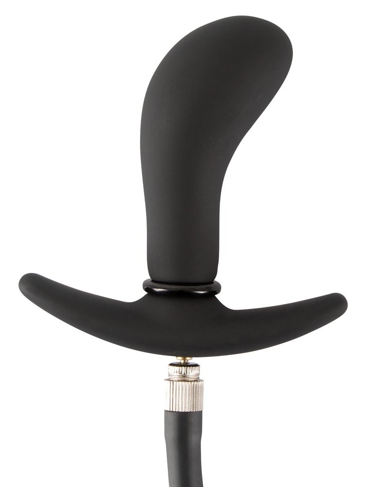 Schwarzer, aufblasbarer Plug mit T-förmigem Griff und Schlauchanschluss. Der Plug hat eine geschwungene Form.