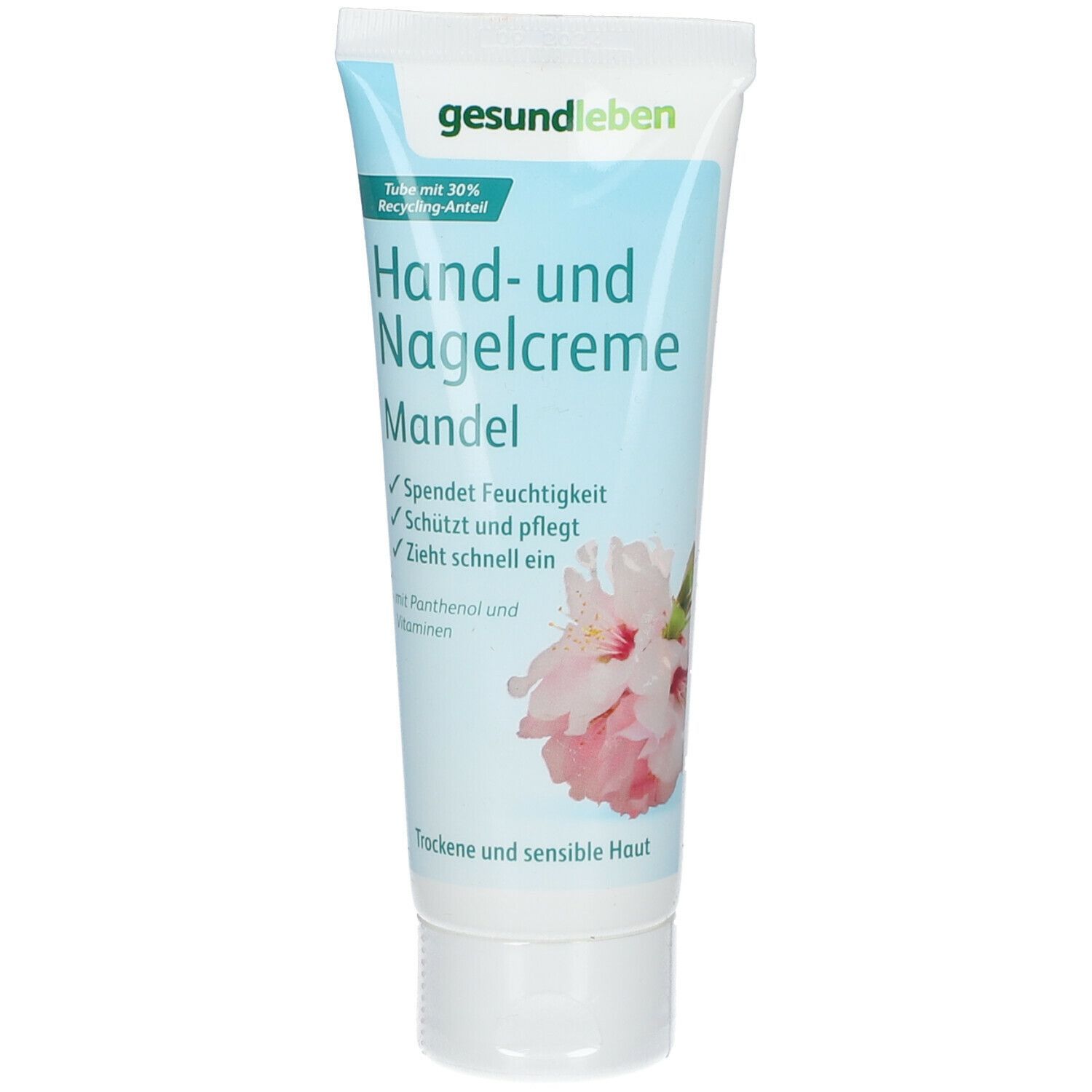Tube Hand- und Nagelcreme Mandel, weiß-blau. Text: Gesund leben, Hand- und Nagelcreme Mandel, Spendet Feuchtigkeit, Schützt und pflegt.