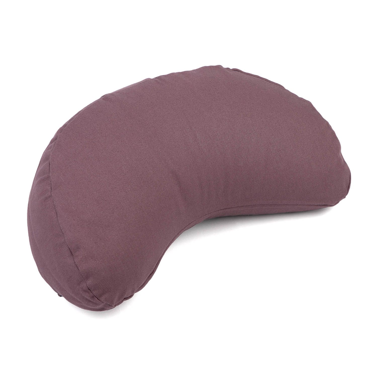Violettes, mondförmiges Meditationskissen aus Stoff.