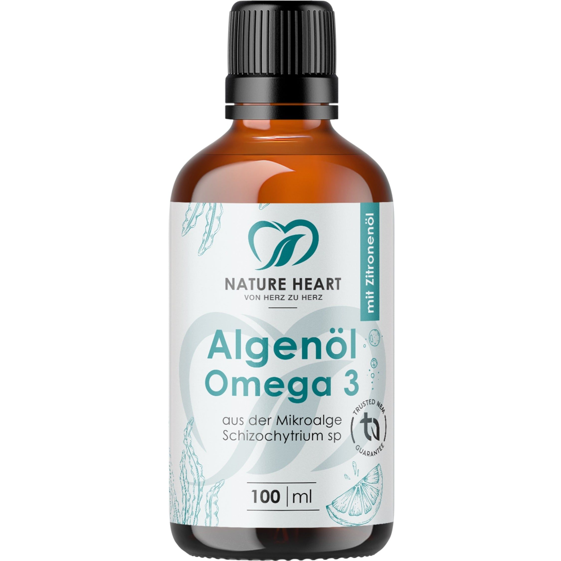 Braune Glasflasche mit schwarzem Schraubverschluss, Algenöl Omega 3 Etikett mit Zitronenmotiv.