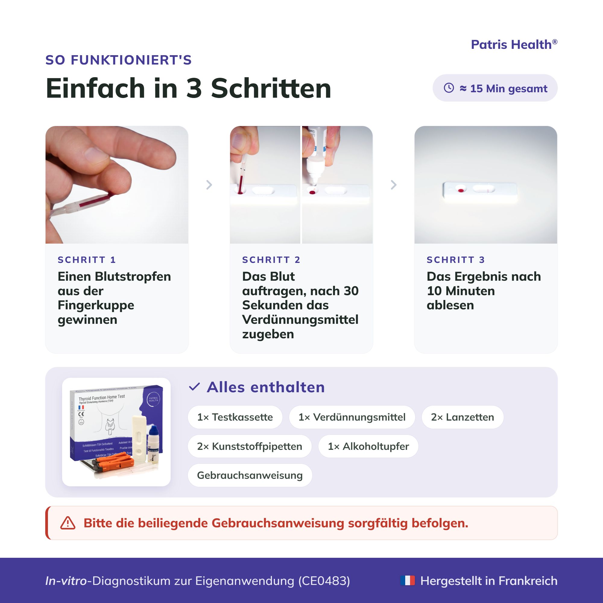 Einfache 3-Schritte-Anleitung für den Schilddrüsen-TSH-Selbsttest: Blutstropfen, Verdünnungsmittel, Ergebnis ablesen.