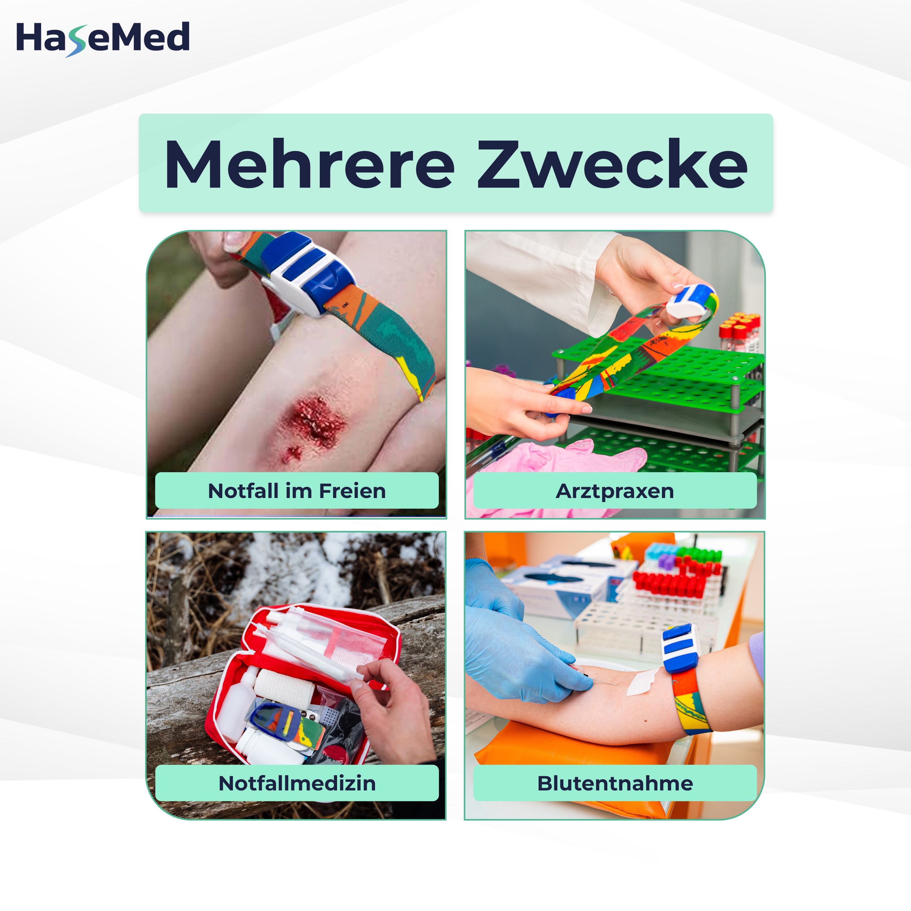 Venenstaugerät in verschiedenen Anwendungen: Notfall im Freien, Arztpraxen, Notfallmedizin, Blutentnahme. Marke: HaseMed.
