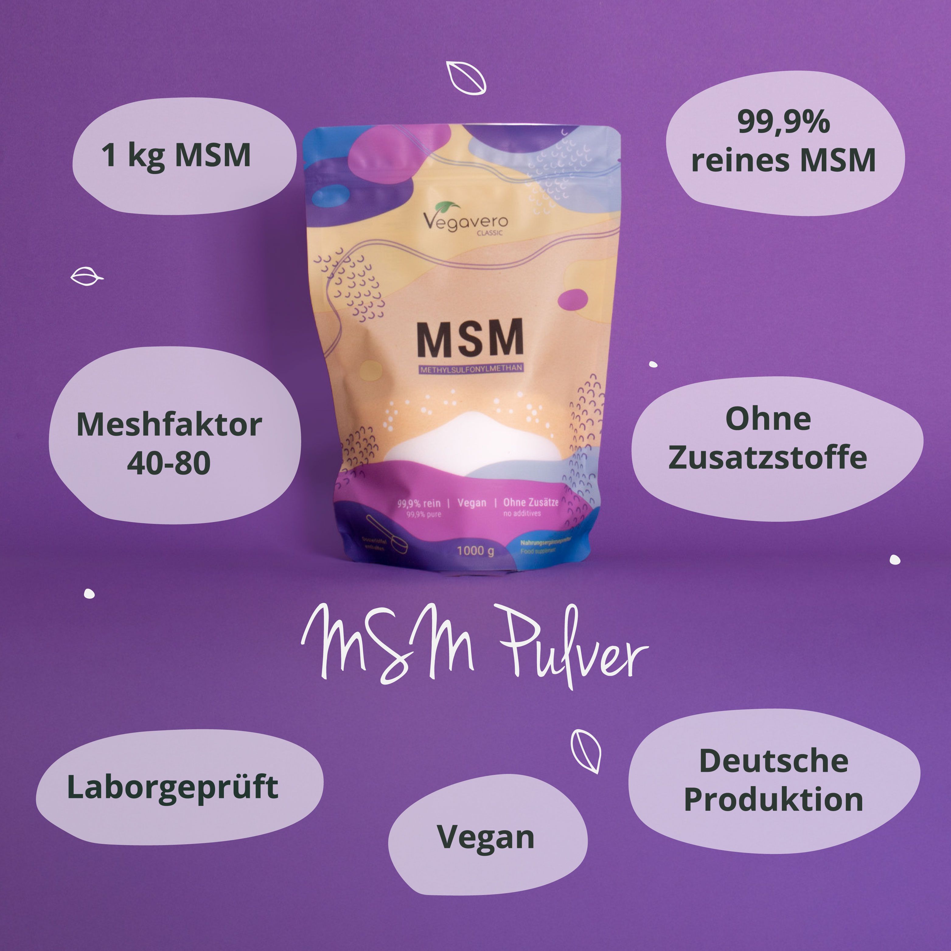 Beutel mit MSM-Pulver, umgeben von Icons. Aufschrift: MSM Pulver, 1 kg, 99,9% rein, ohne Zusätze, vegan, laborgeprüft, deutsche Produktion.