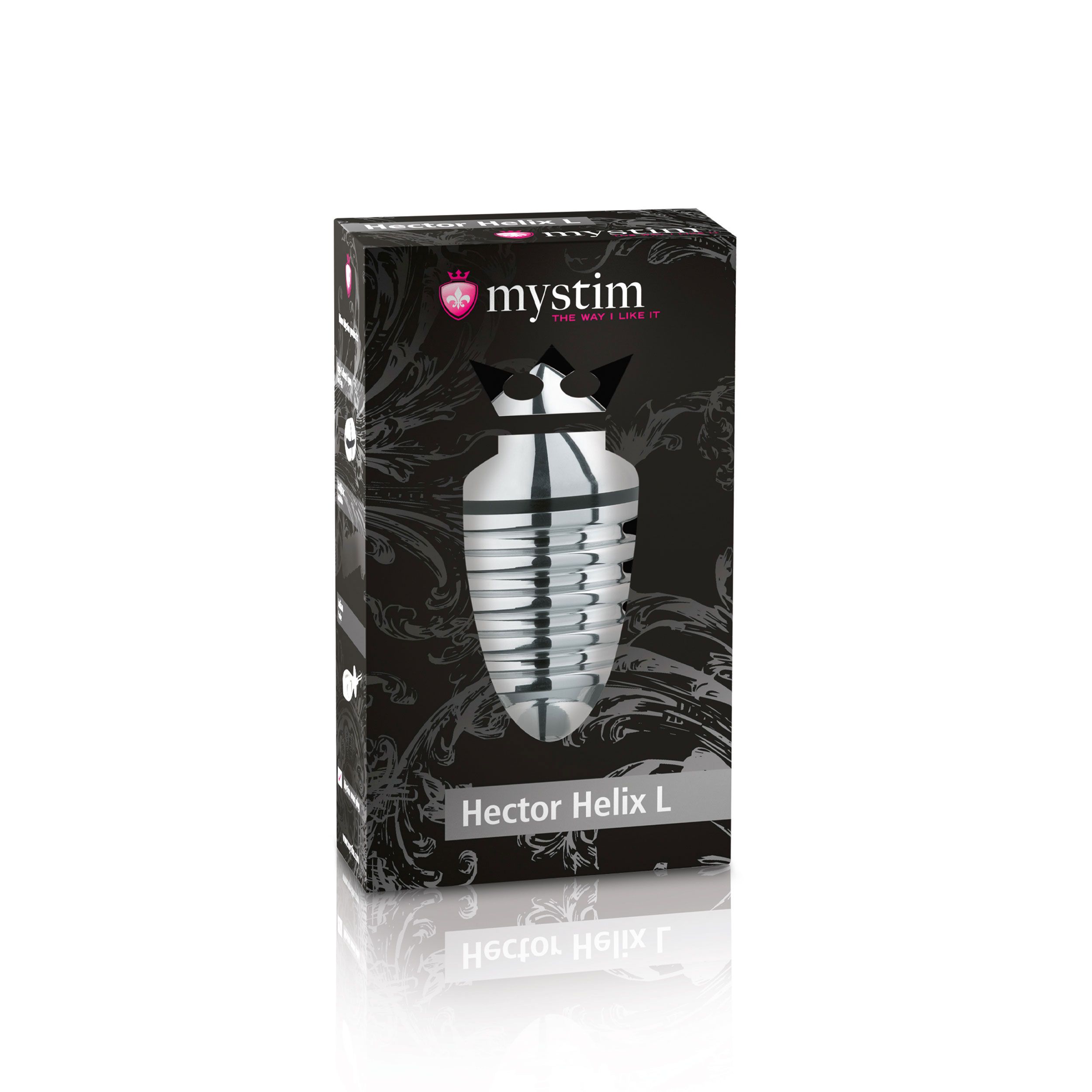 Verpackung von Mystim Hector Helix L. Schwarzer Karton mit Produktabbildung und Produktname.