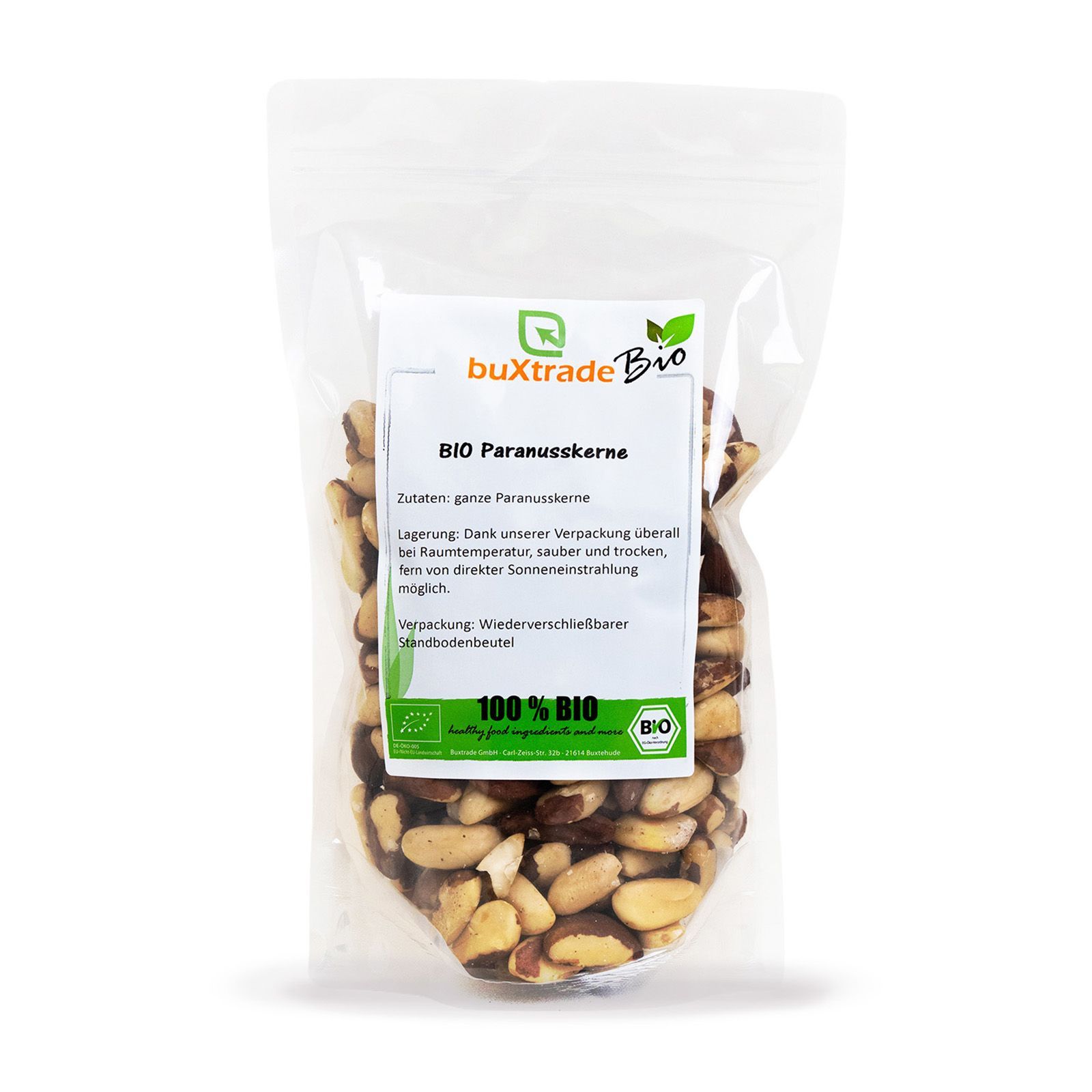 Verpackung von buXtrade Bio Paranusskerne. Transparente Tüte mit Produktinformationen und Bio-Siegel.