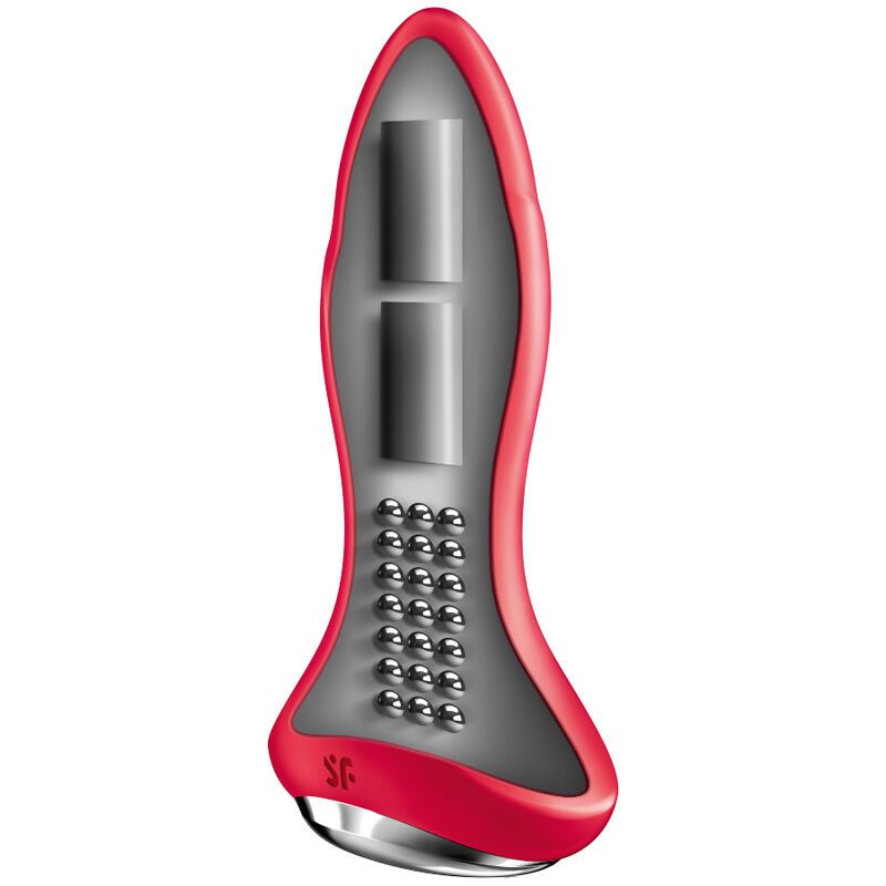 Roter Plug mit silberfarbenem Ende. Innenseite mit zwei grauen Vibrationsflächen und Metallkugeln.
