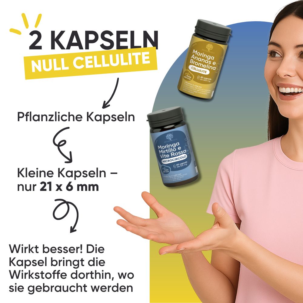 Zwei weiße Behälter mit Informationen über Inhaltsstoffe wie Bromelain, Ananas, Heidelbeere und rote Weinrebe.