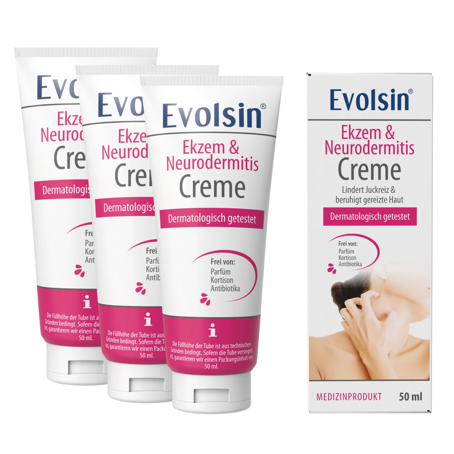 Evolsin® Ekzem & Neurodermitis Creme 3er Pack - Mindert Juckreiz beruhigt gereizte Haut 150 ml
