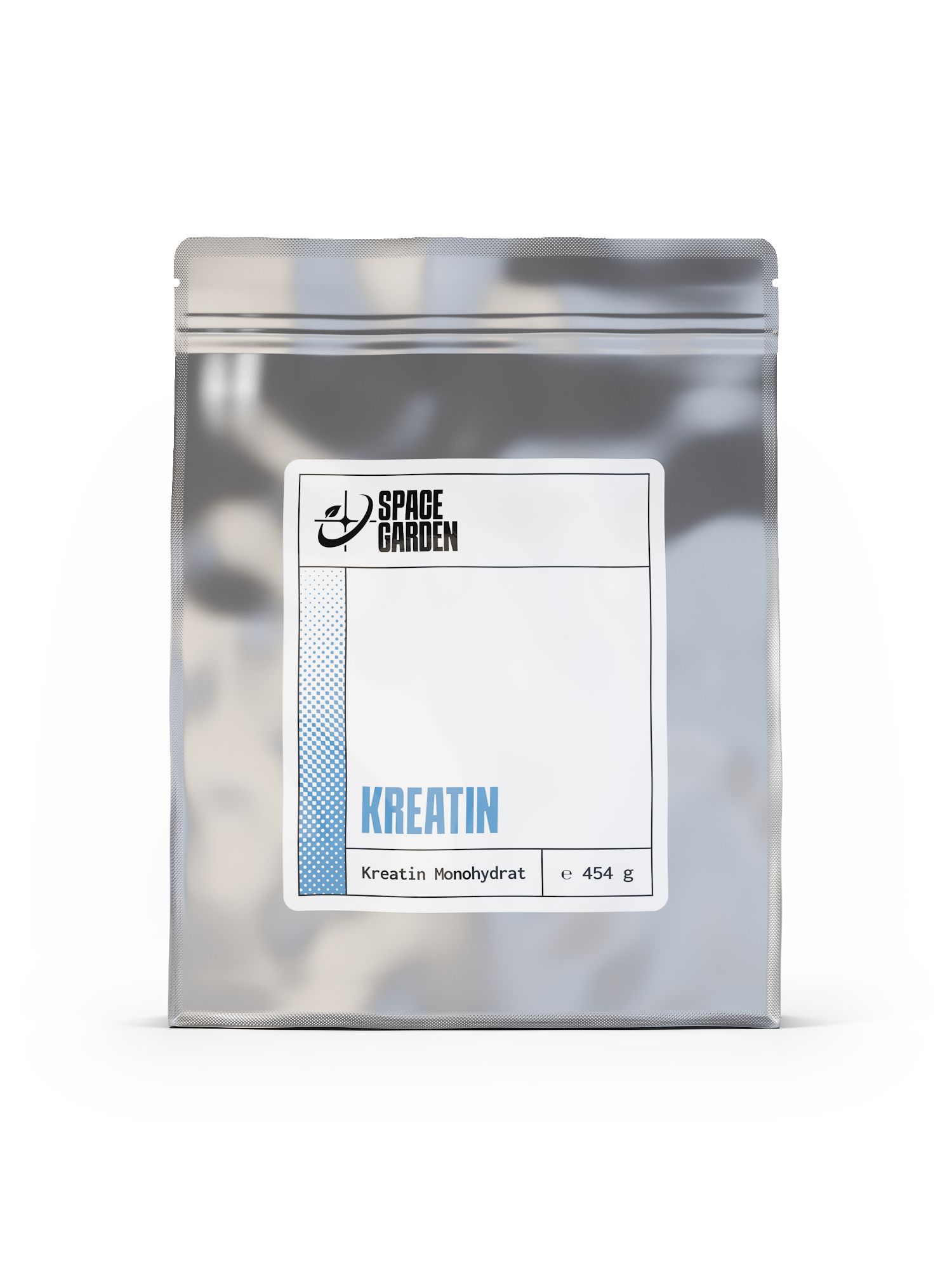 Silberfarbene Tüte mit Etikett. Aufschrift: Spacegarden, Kreatin, Kreatin Monohydrat, 454 g.