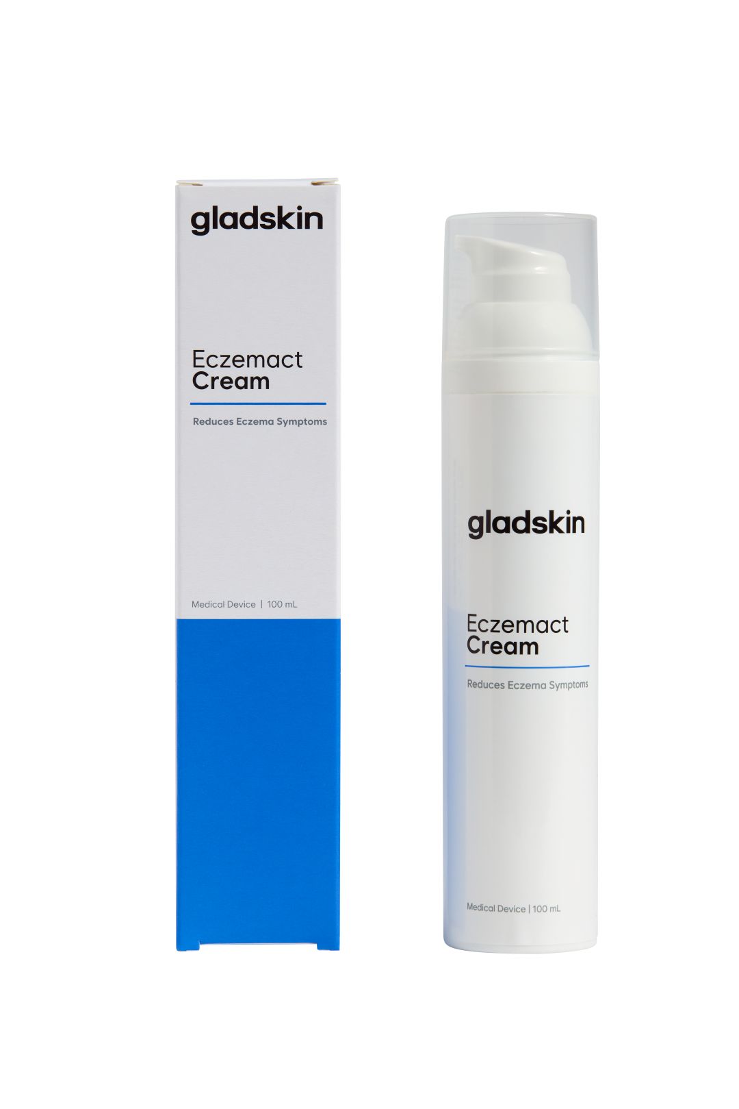 Gladskin Eczemact Cream Flasche und Verpackung. Weiße Flasche mit Pumpverschluss und Karton. Aufschrift: Reduziert Ekzemsymptome. 100 ml.