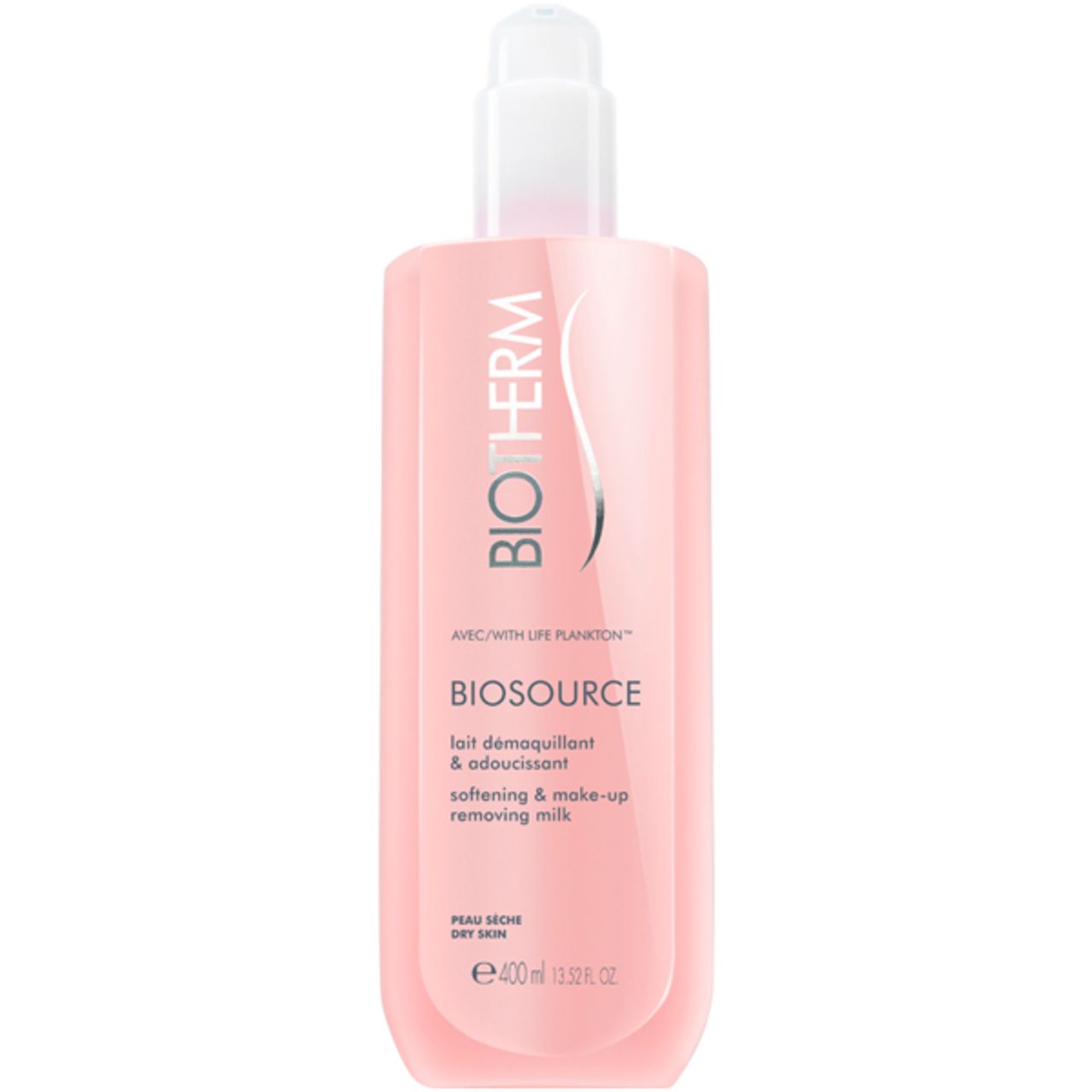 Rosa Flasche mit weißem Pumpverschluss. Aufschrift: BIOTHERM, BIOSOURCE, Lait démaquillant & adoucissant, softening & make-up removing milk.
