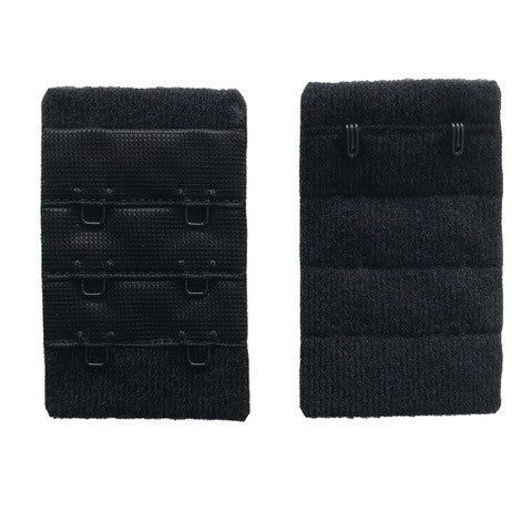 Schwarzes BH-Verlängerungsteil mit drei Haken. Rückseite mit zwei Haken. Textilmaterial.