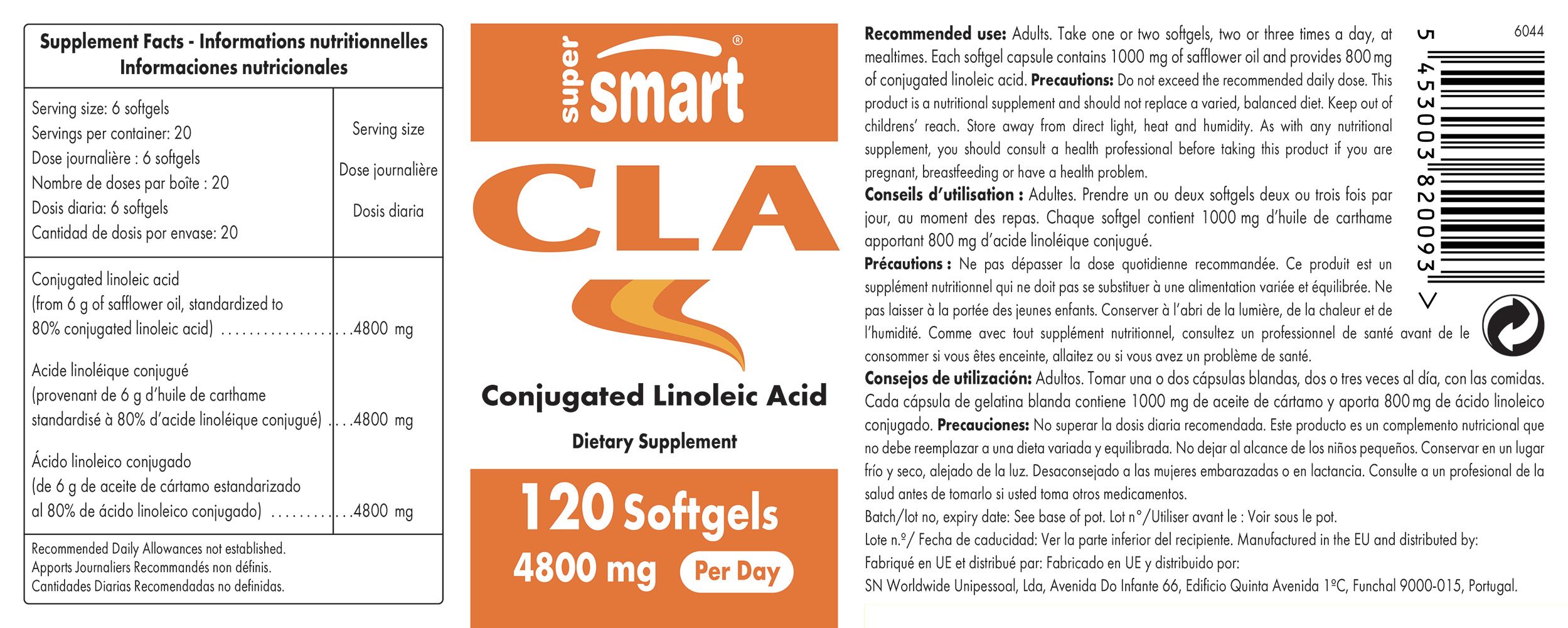 Etikett mit Informationen zu CLA-Softgels. Enthält Angaben zu Inhaltsstoffen, Dosierung und Hersteller.