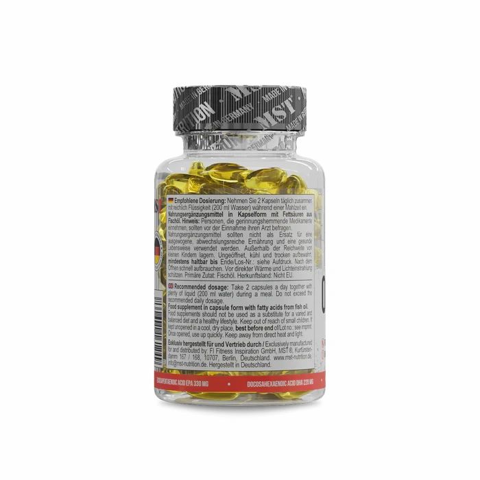 Rückseite der Flasche mit Dosierungshinweisen. Empfohlene Dosierung: 2 Kapseln täglich. Enthält Informationen zur Anwendung.