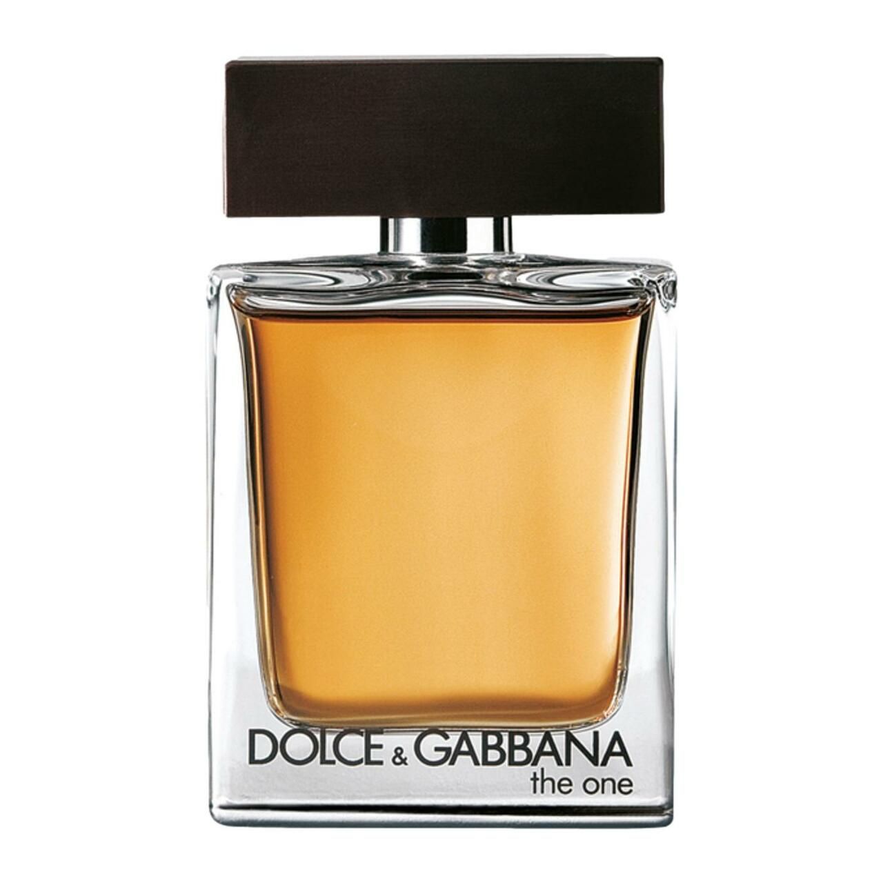 Flakon von Dolce & Gabbana The One For Men. Eckiger Glasflakon mit braunem Verschluss. Aufschrift: Dolce & Gabbana The One.