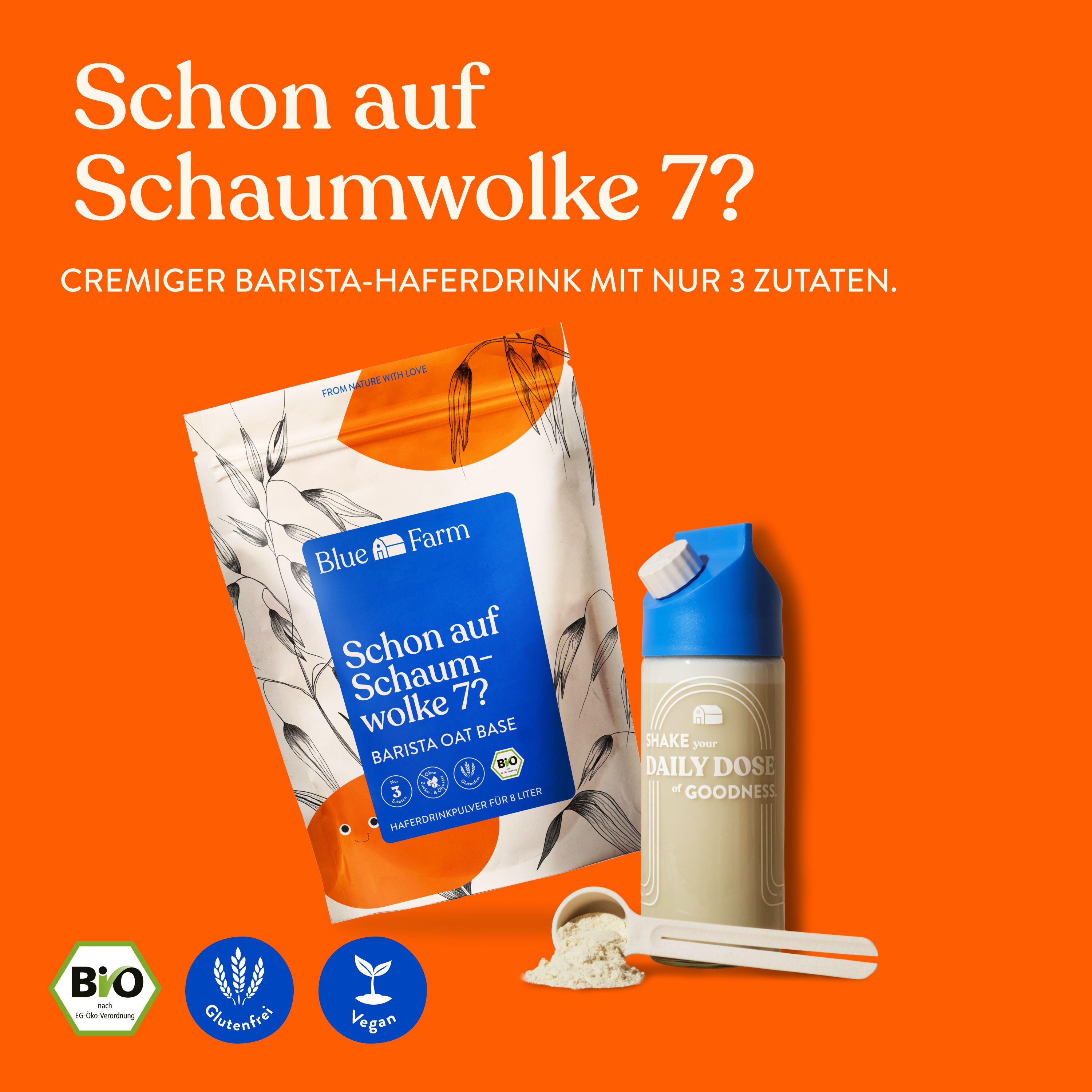 Kit mit Barista Oat Base, Shaker und Messlöffel. Bio, glutenfrei und vegan. Auf orangefarbenem Hintergrund.
