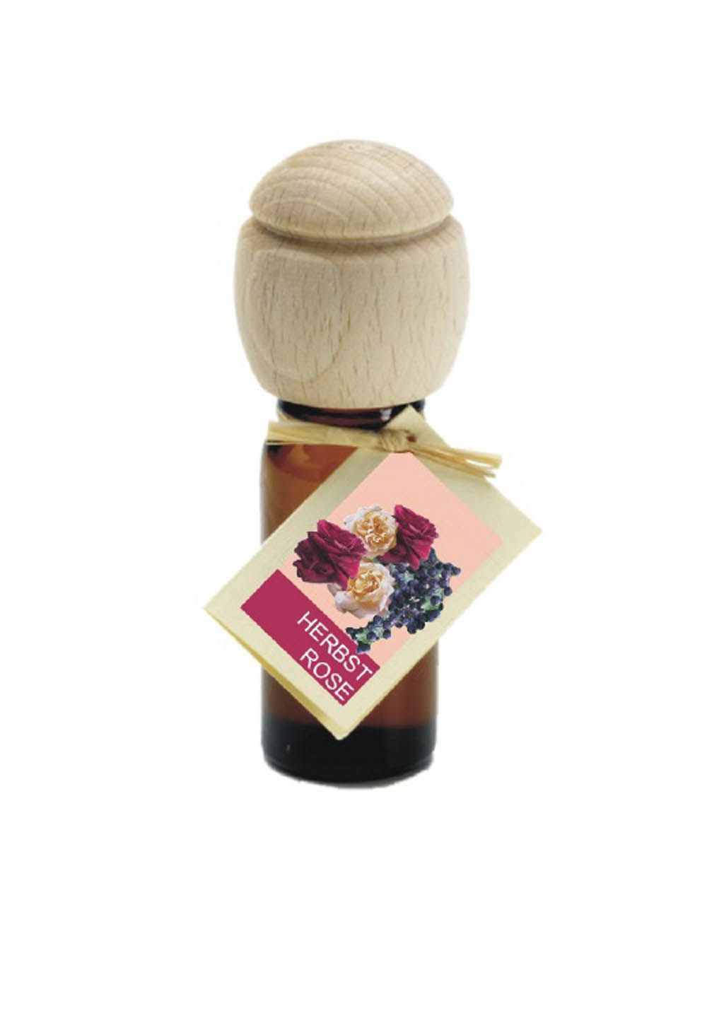 Braune Glasflasche mit Holzverschluss und Anhänger. Anhänger mit Rosenabbildung und Schriftzug Herbst Rose.