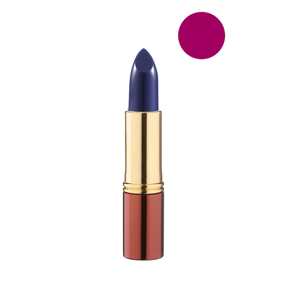Lippenstift mit blauem Stift und auberginefarbenem Punkt. Goldfarbene Hülse mit braunem Unterteil. Produktmerkmal: Farbwechsel.
