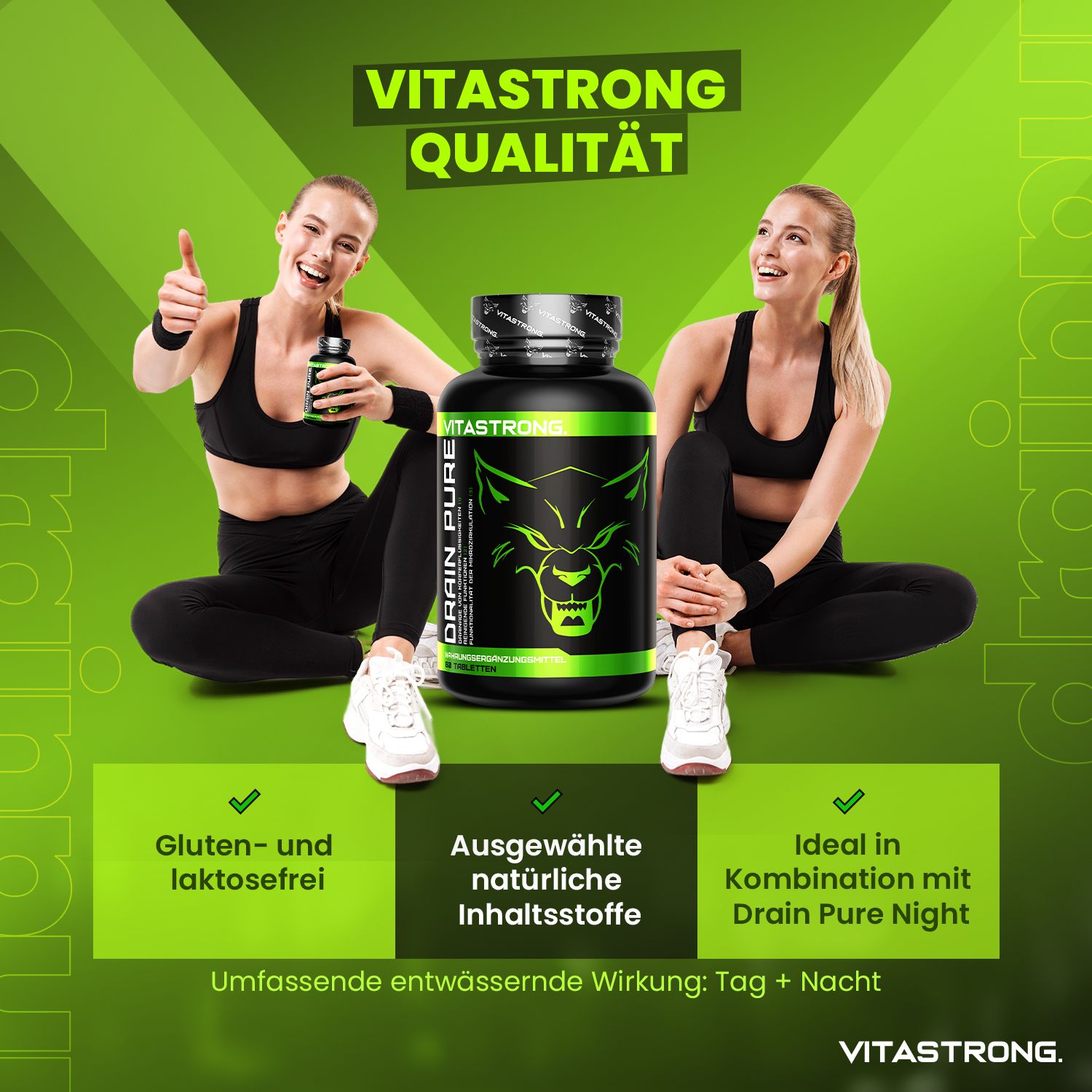 Schwarze Dose mit grünem Etikett und Wolfskopf-Logo. Zwei Frauen in Sportkleidung sitzen daneben.