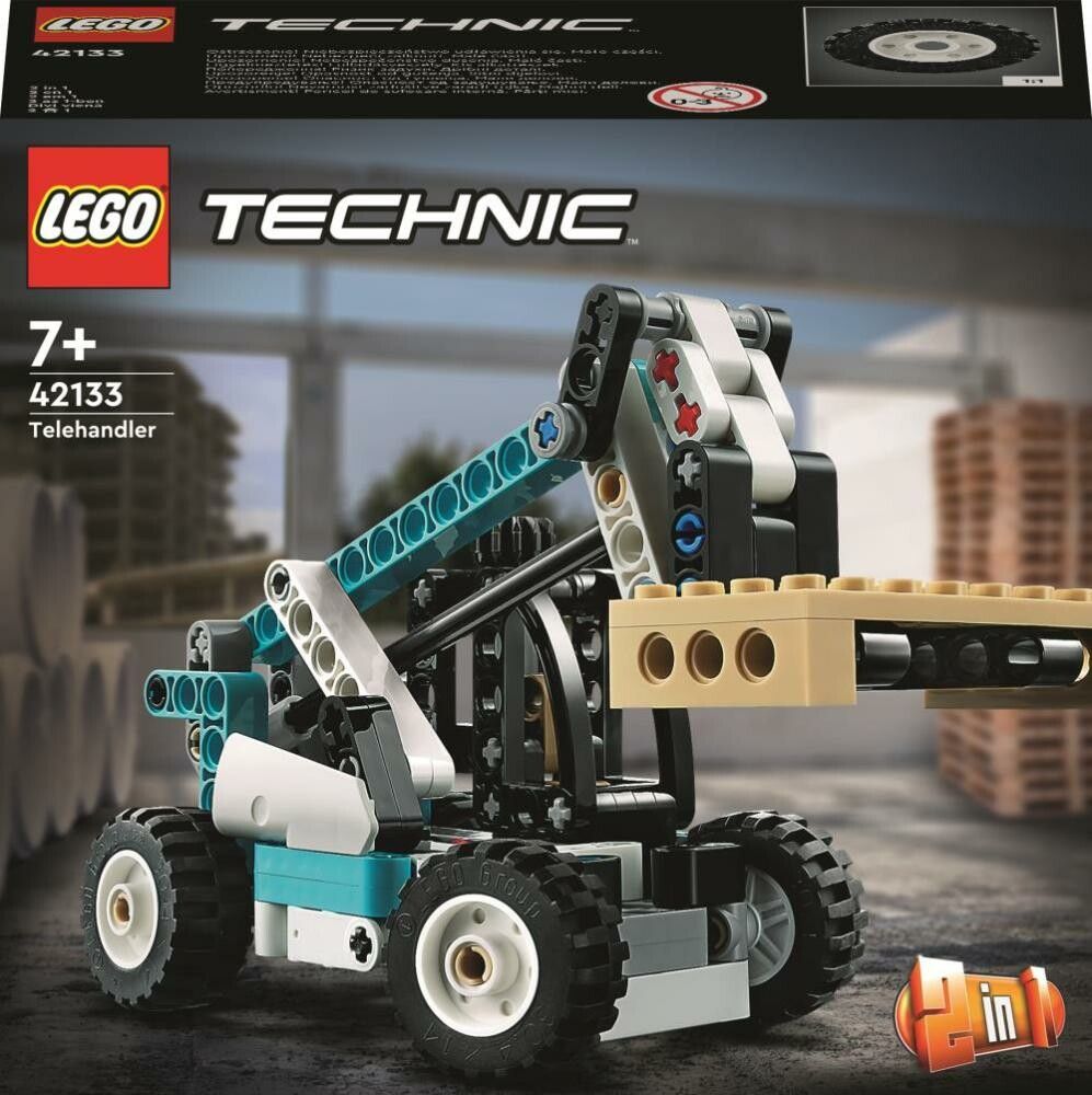 Set LEGO Technic con sollevatore telescopico. Il modello è composto da parti in plastica blu, nere, bianche e beige. Il set include ruote, un braccio telescopico e una forcella. La confezione mostra il modello finito e il logo LEGO.