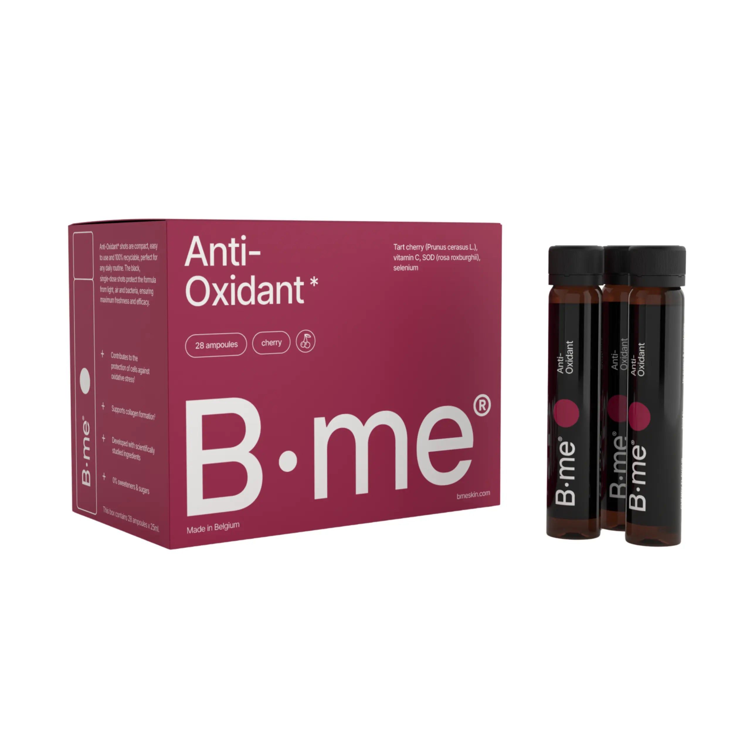 Packung B.me® Anti-Oxidant mit Ampullen. Enthält 28 Ampullen. Kirschgeschmack. Mit Vitamin C und Selen.