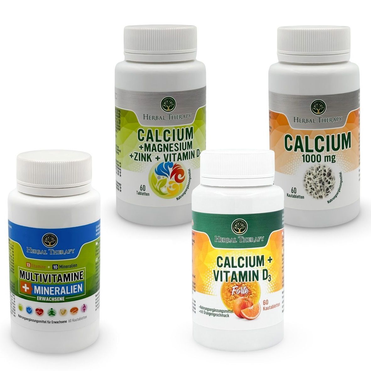 Vier weiße Pillenflaschen. Beschriftungen: Calcium, Multivitamine, Calcium + Magnesium + Zink + Vitamin D, Calcium + Vitamin D3. 60 Tabletten.