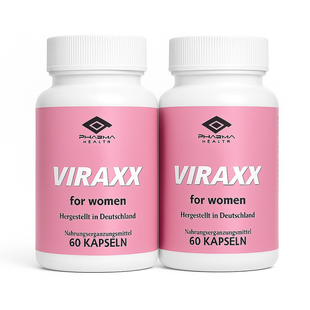 Zwei weiße Flaschen mit rosa Etiketten. Aufschrift: VIRAXX for women, Pharma Health. Nahrungsergänzungsmittel, 60 Kapseln. Hergestellt in Deutschland.