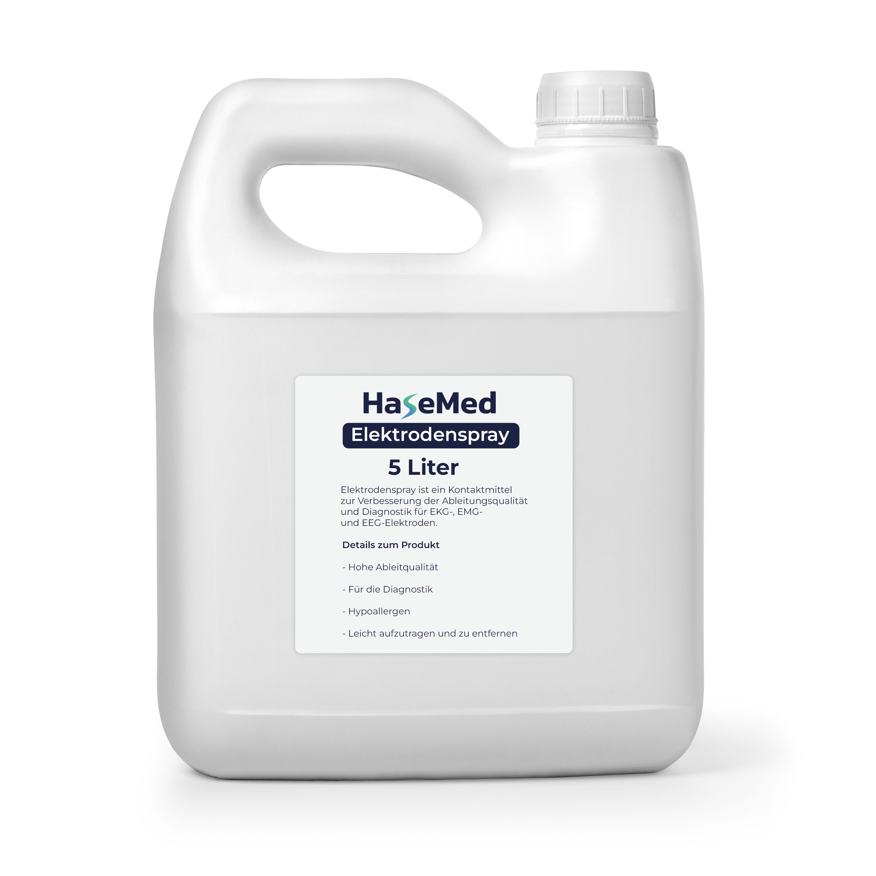 Weißer Kanister mit Griff und Schraubverschluss. Aufkleber mit "HaseMed Elektrodenspray" und "5 Liter".