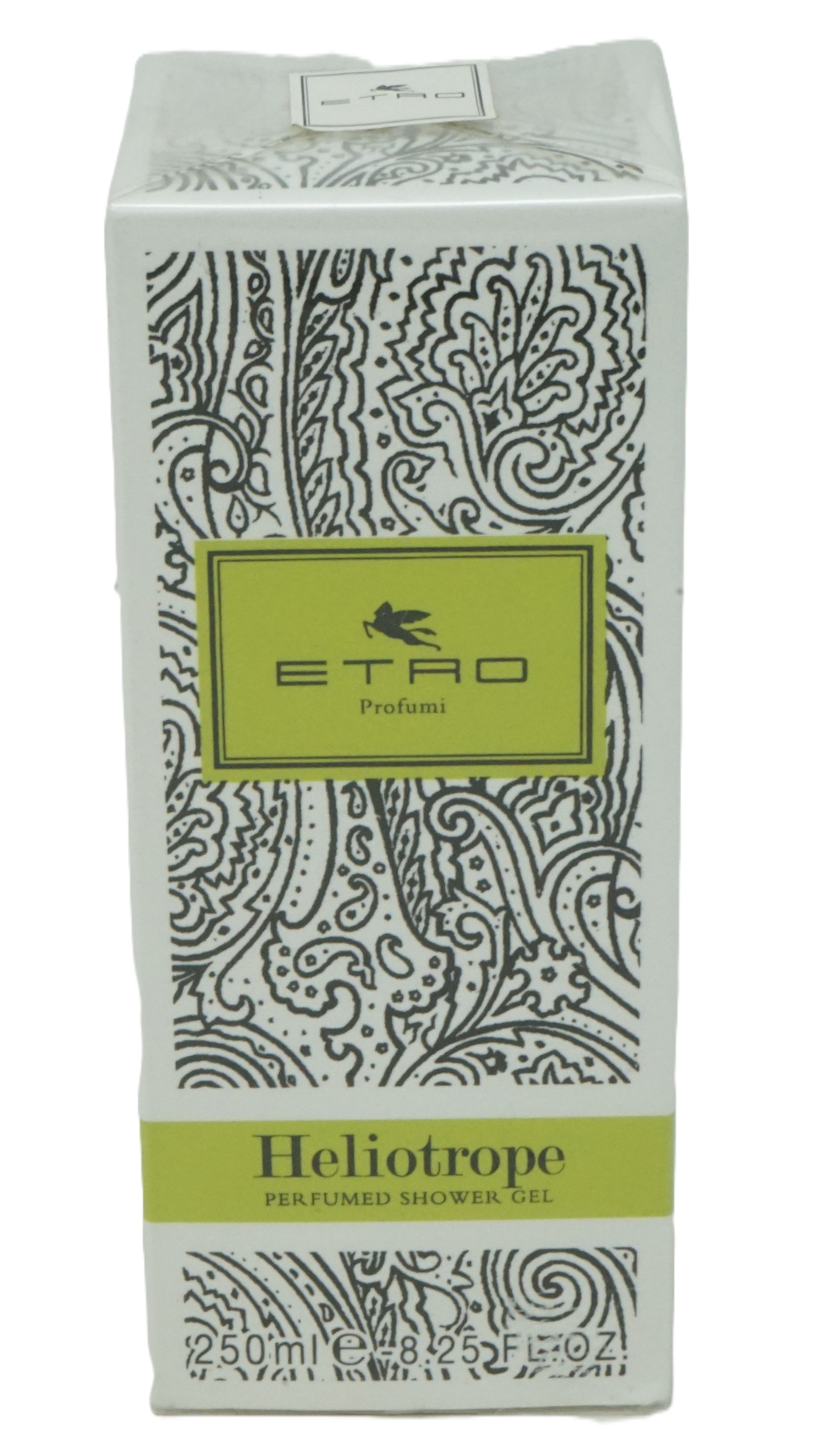 Verpackung von Etro Profumi Heliotrope Duschgel. Weiß mit schwarzem Muster, grünem Etikett und Produktbezeichnung.