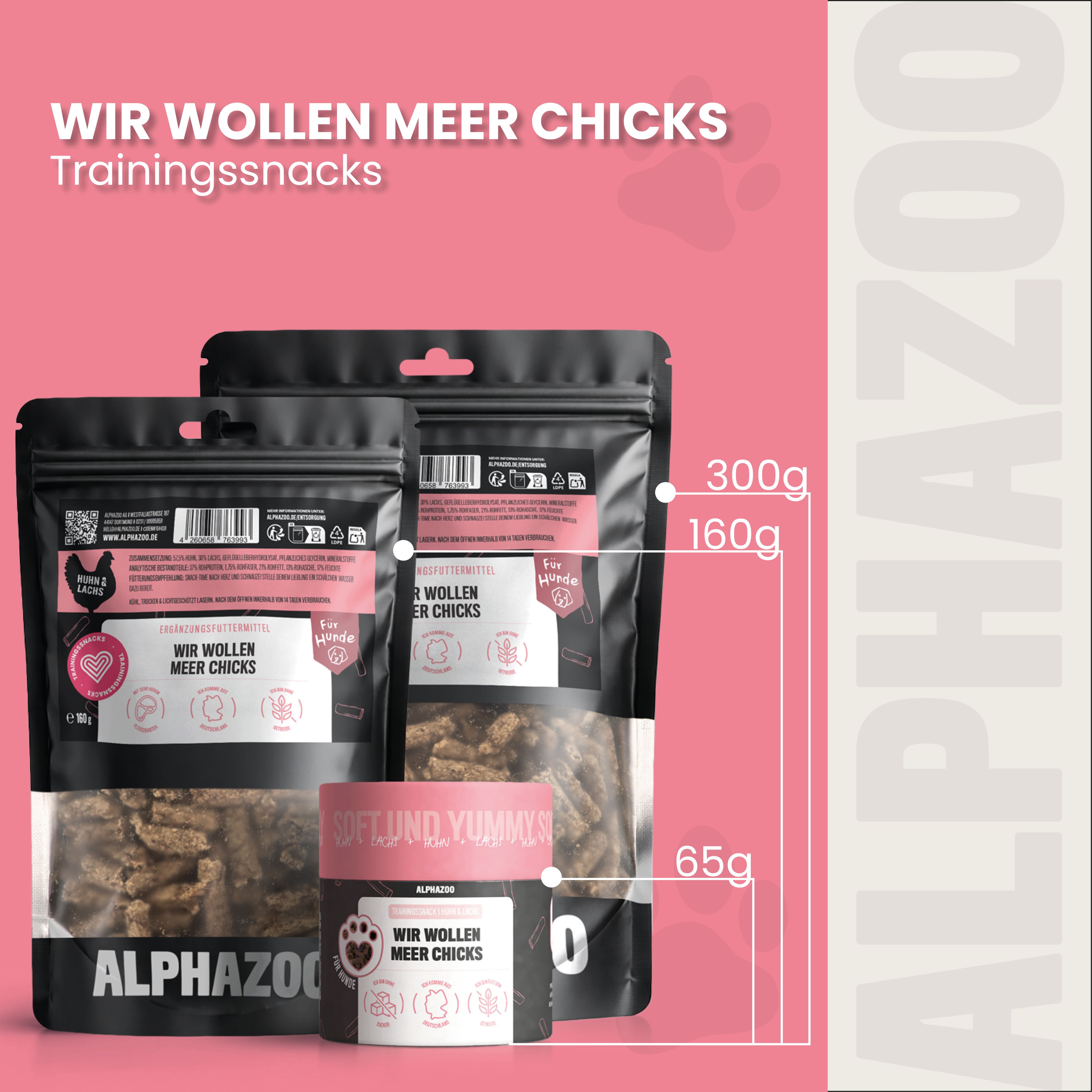 Drei Packungen Hundeleckerlis in verschiedenen Größen: 300g, 160g und 65g.