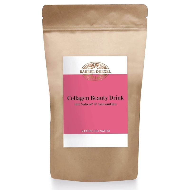 Beutel mit Produktaufdruck. Aufdruck: Bärbel Drexel, Collagen Beauty Drink mit Naticol, Vitamin C & Astaxanthin. Natürliche Natur.