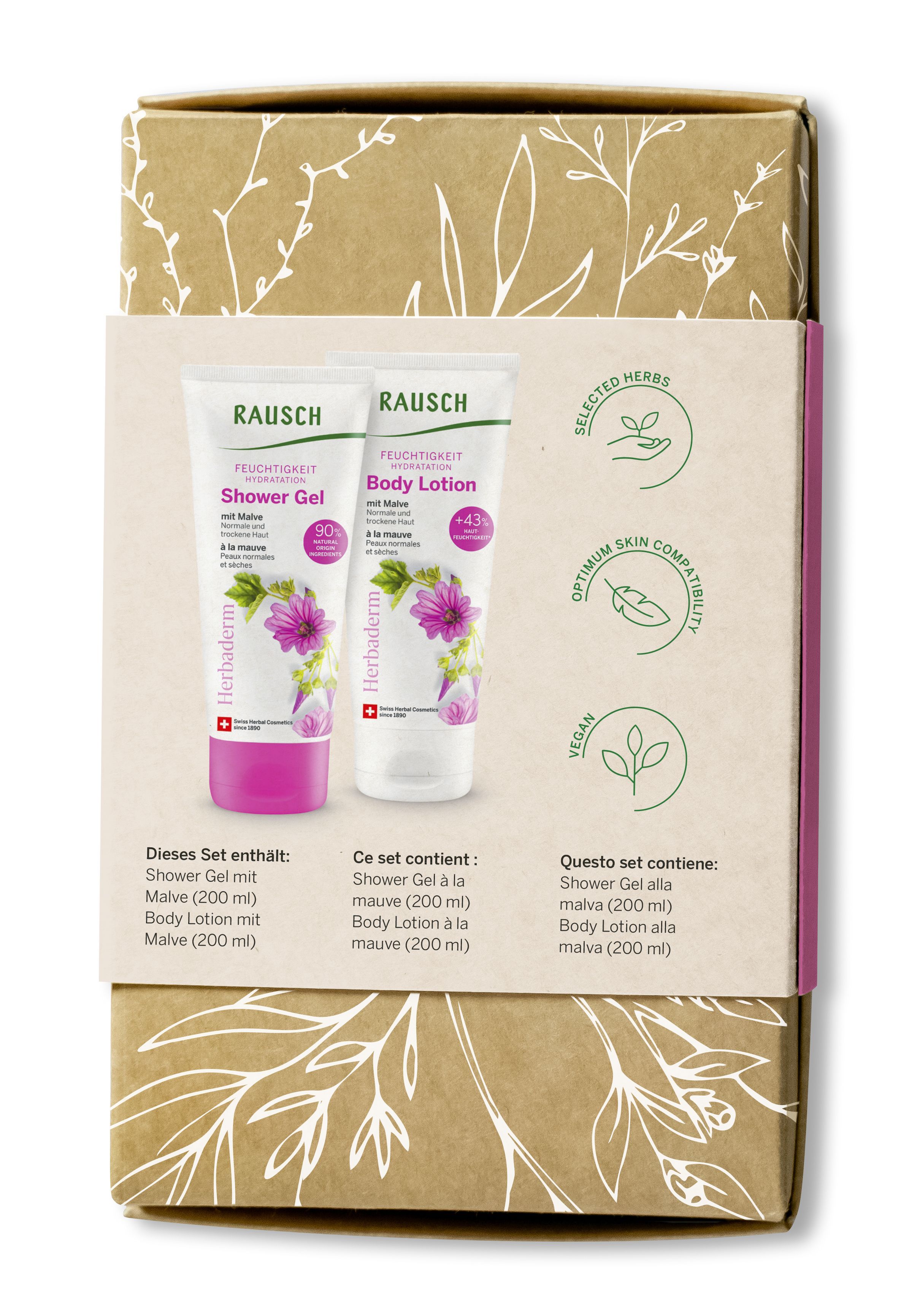 Geschenkset mit zwei Tuben und Text. Enthält Duschgel und Body Lotion. Verpackung mit floralem Muster.