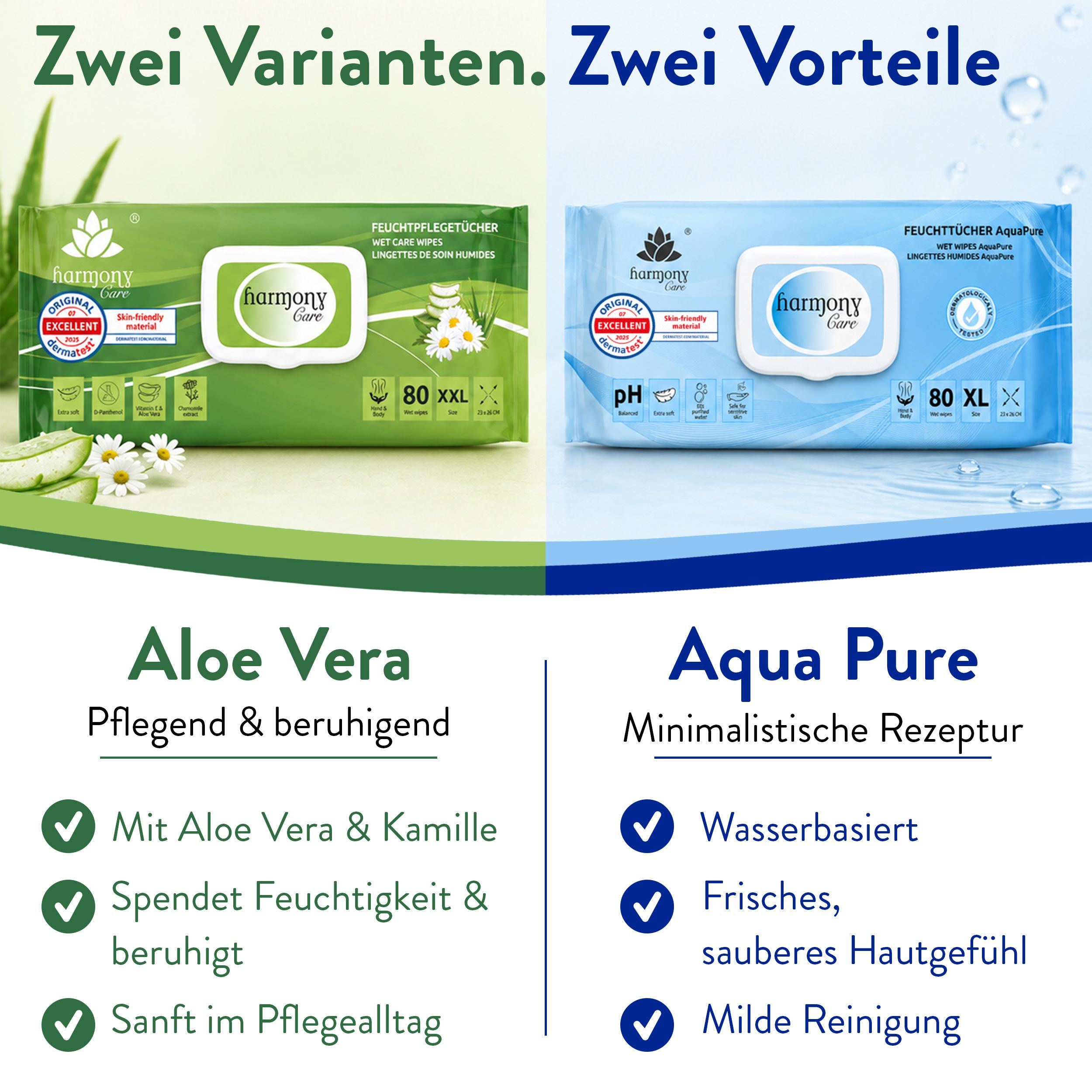 Eine Frau kümmert sich um eine ältere Frau, mit Packungen von Harmony Care® Feuchttüchern.