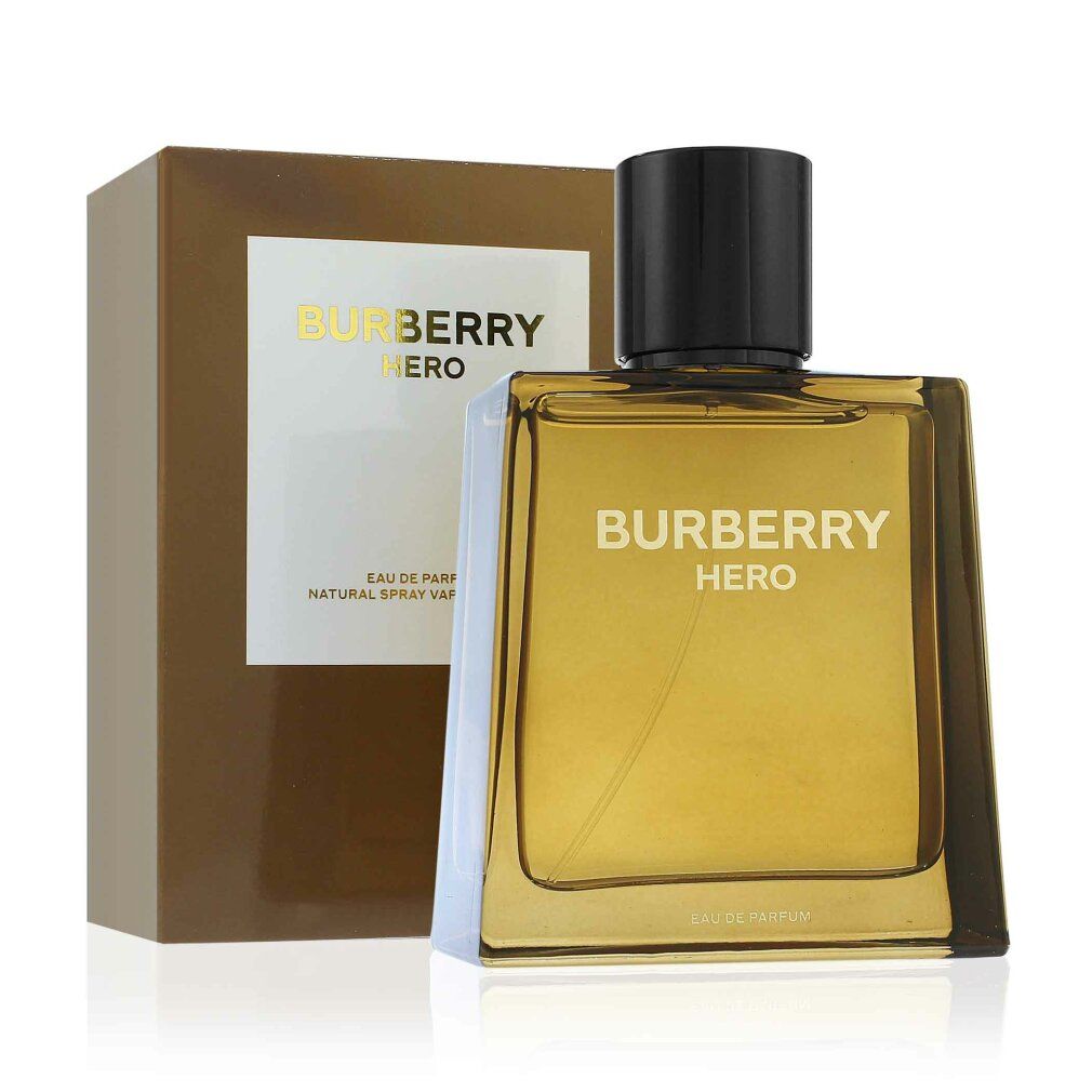 Burberry Hero Flasche und Verpackung. Flasche braun mit schwarzem Deckel. Verpackung braun mit weißem Feld.