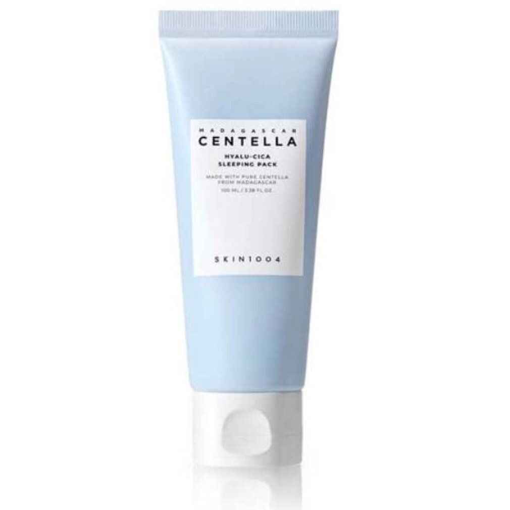 Hellblaue Tube mit weißem Etikett, SKIN1004 Madagascar Centella Hyalu-Cica Sleeping Pack.