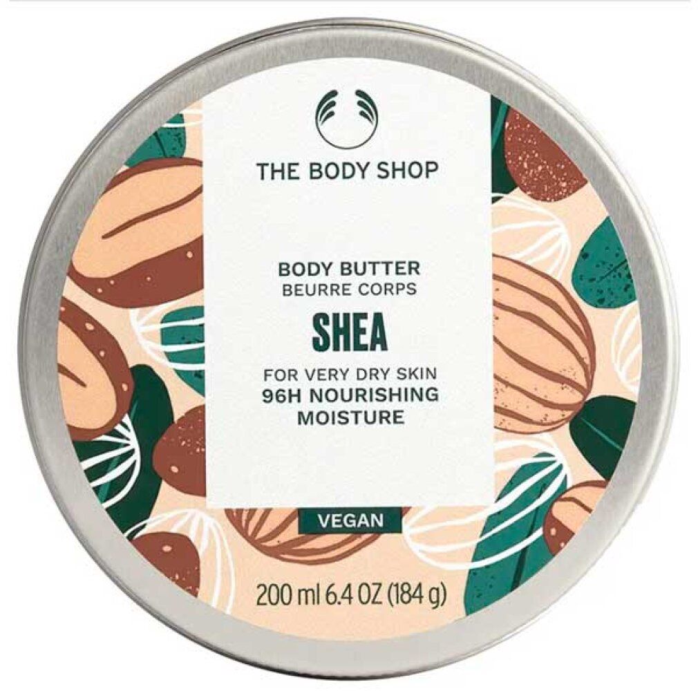 Runde, silberne Dose mit Deckel. Aufschrift 'Body Butter Shea'. Marke: The Body Shop. Vegan.